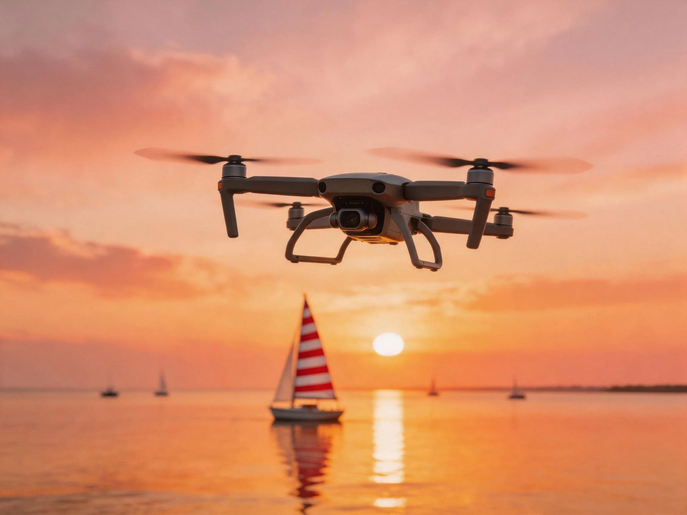 A quadcopter hovers over calm waters near red-striped sailboats at sunset