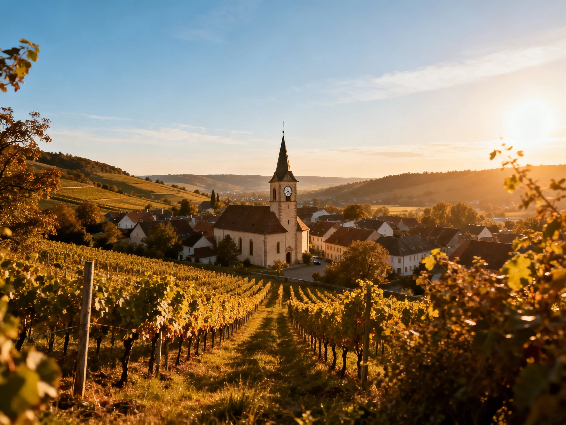 A quaint village with a clock tower near vineyards at golden hour