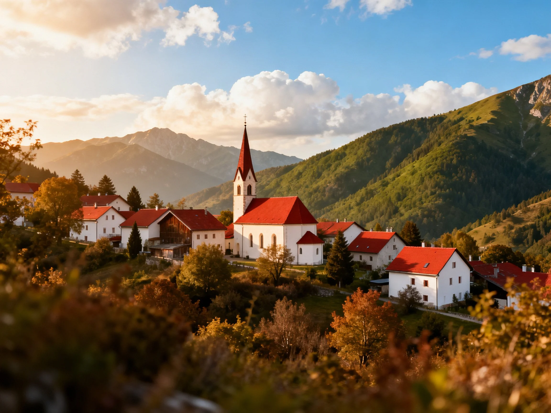 A quaint village with red-roofed homes near lush green mountains