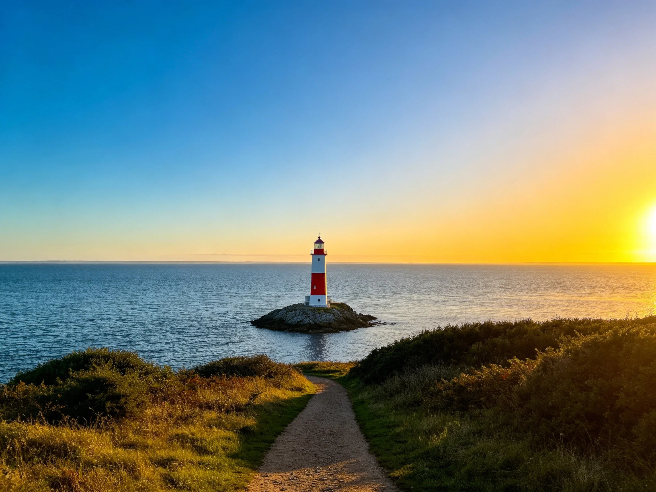A red-and-white lighthouse on a rocky islet by the sea at sunset