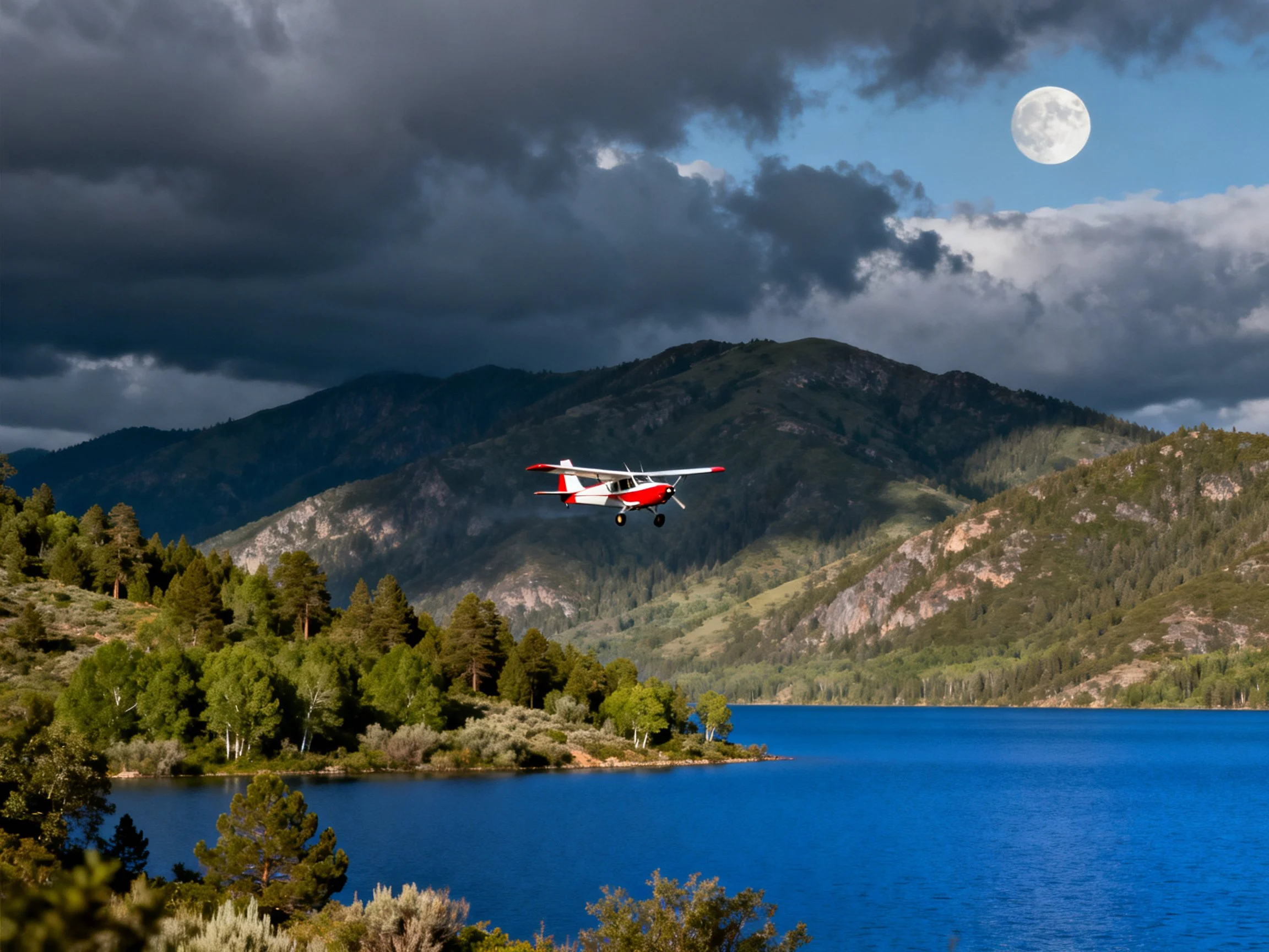 A red and white seaplane flies over a blue lake near forested mountains