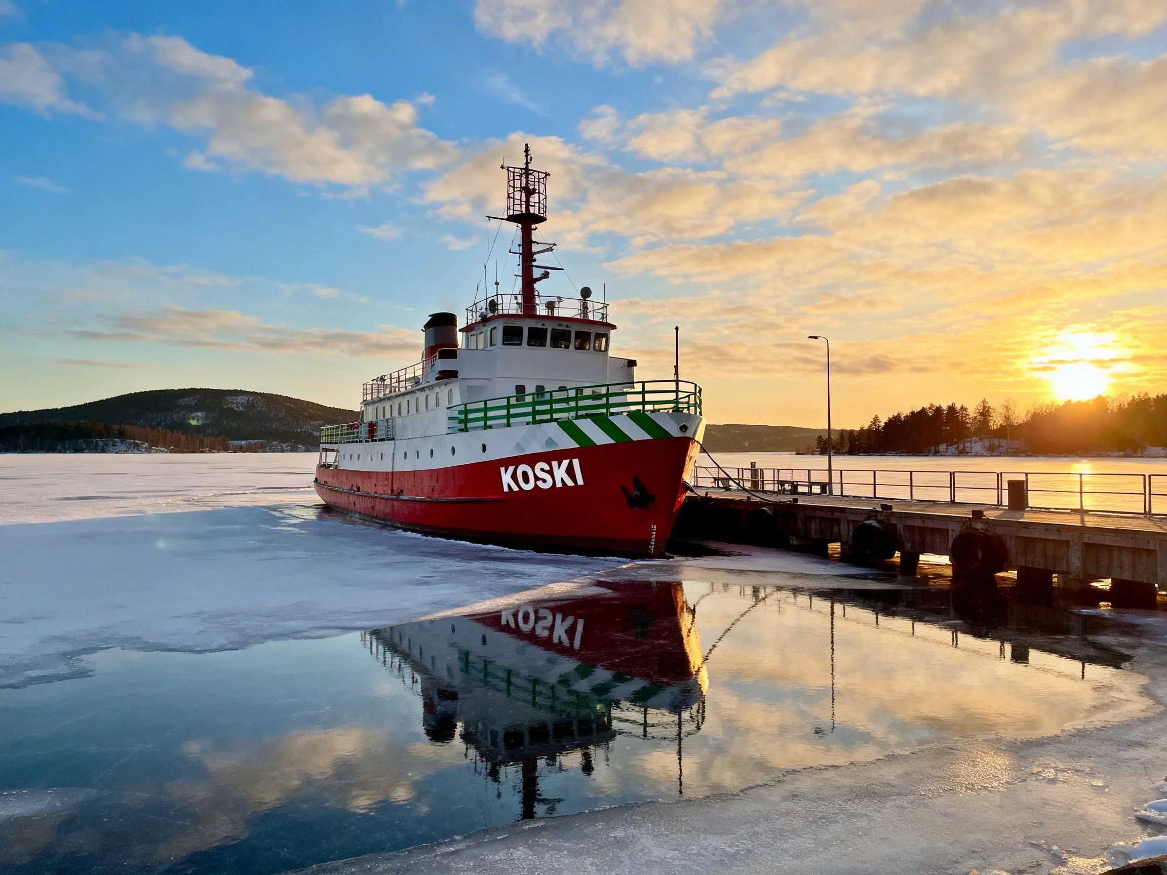 A red and white ship named Koski docks by icy waters at sunset