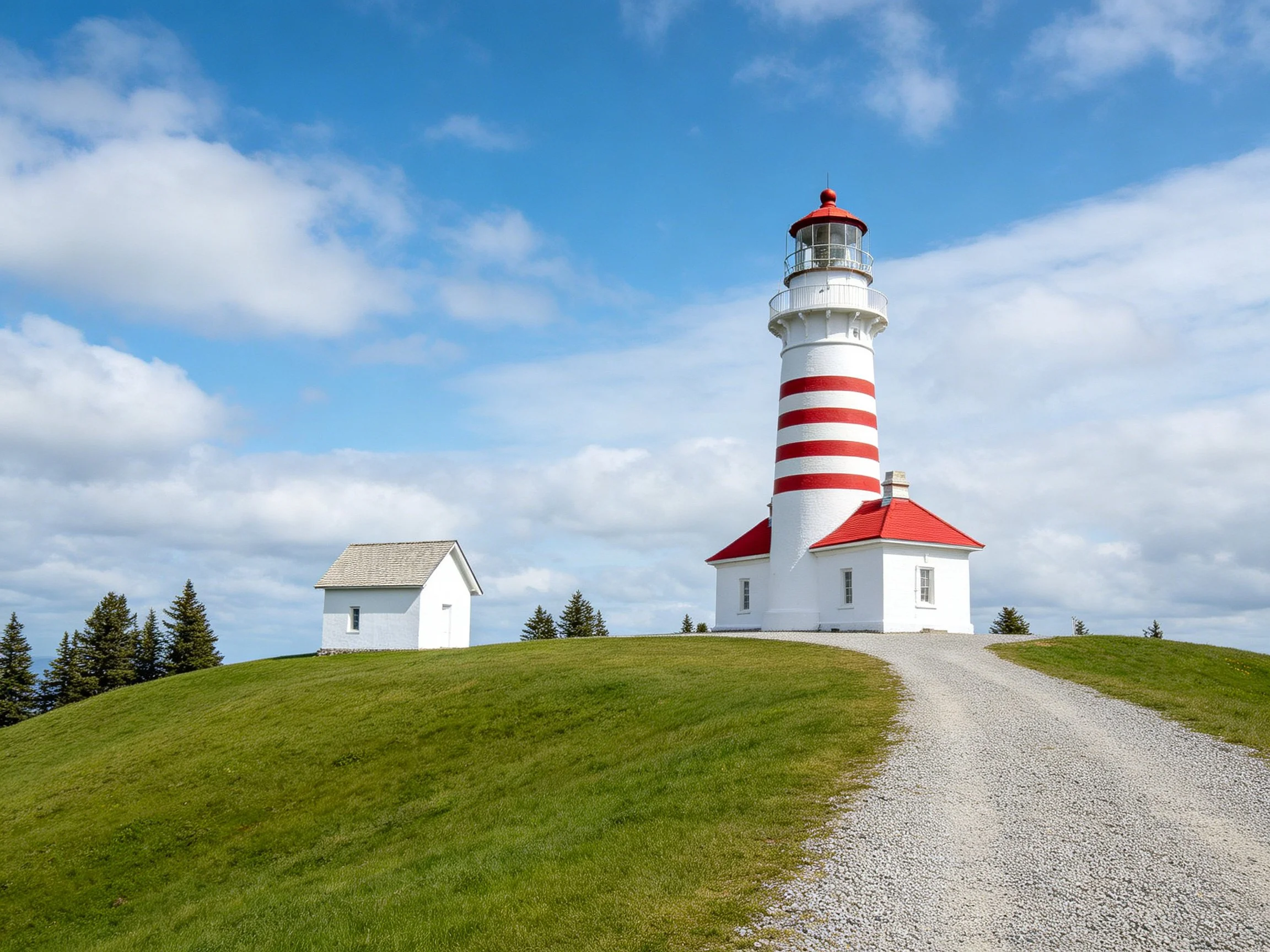 A red-and-white striped lighthouse atop a grassy hill with a gravel path