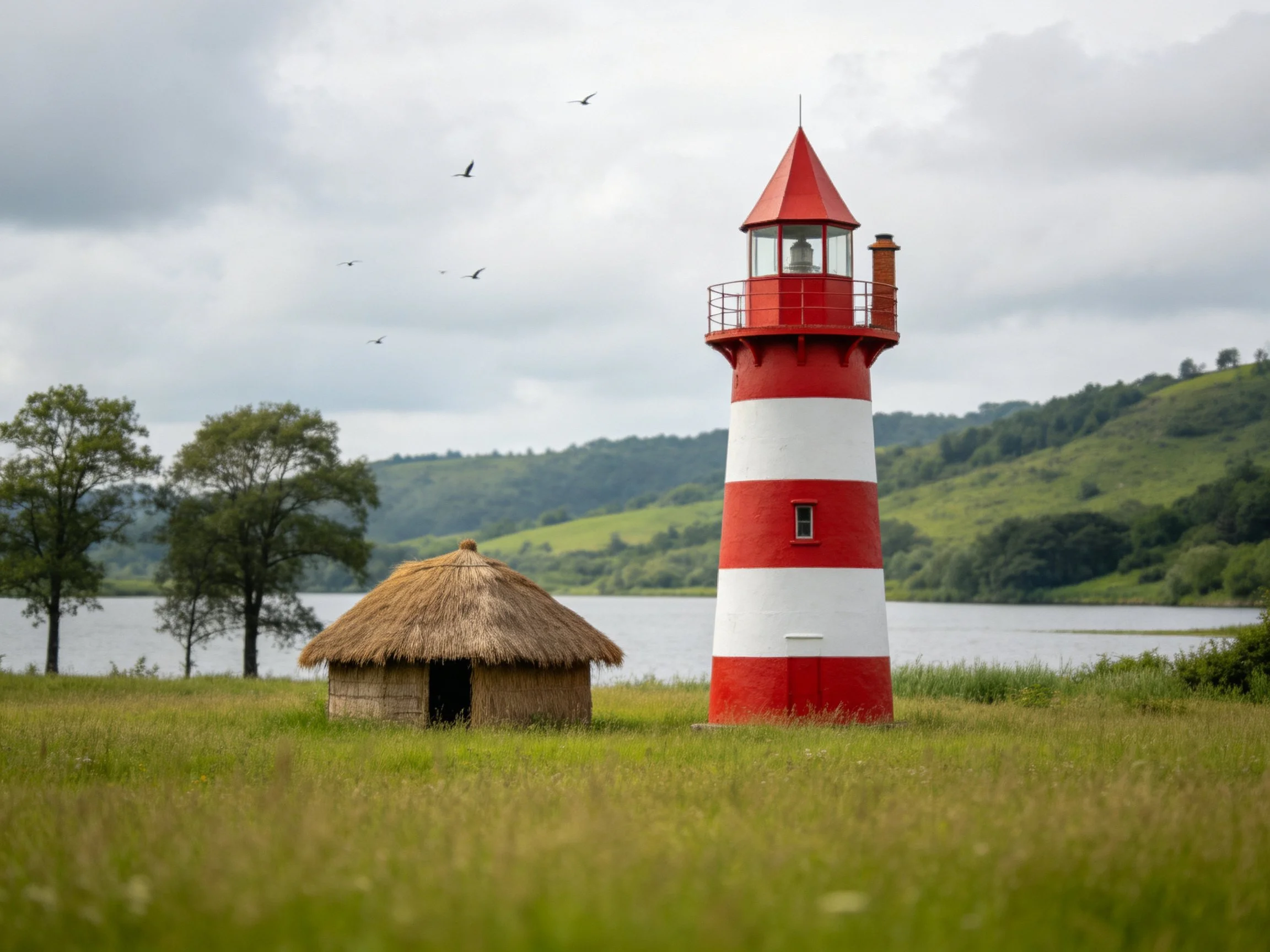 A red and white striped lighthouse near a thatched hut by a lake