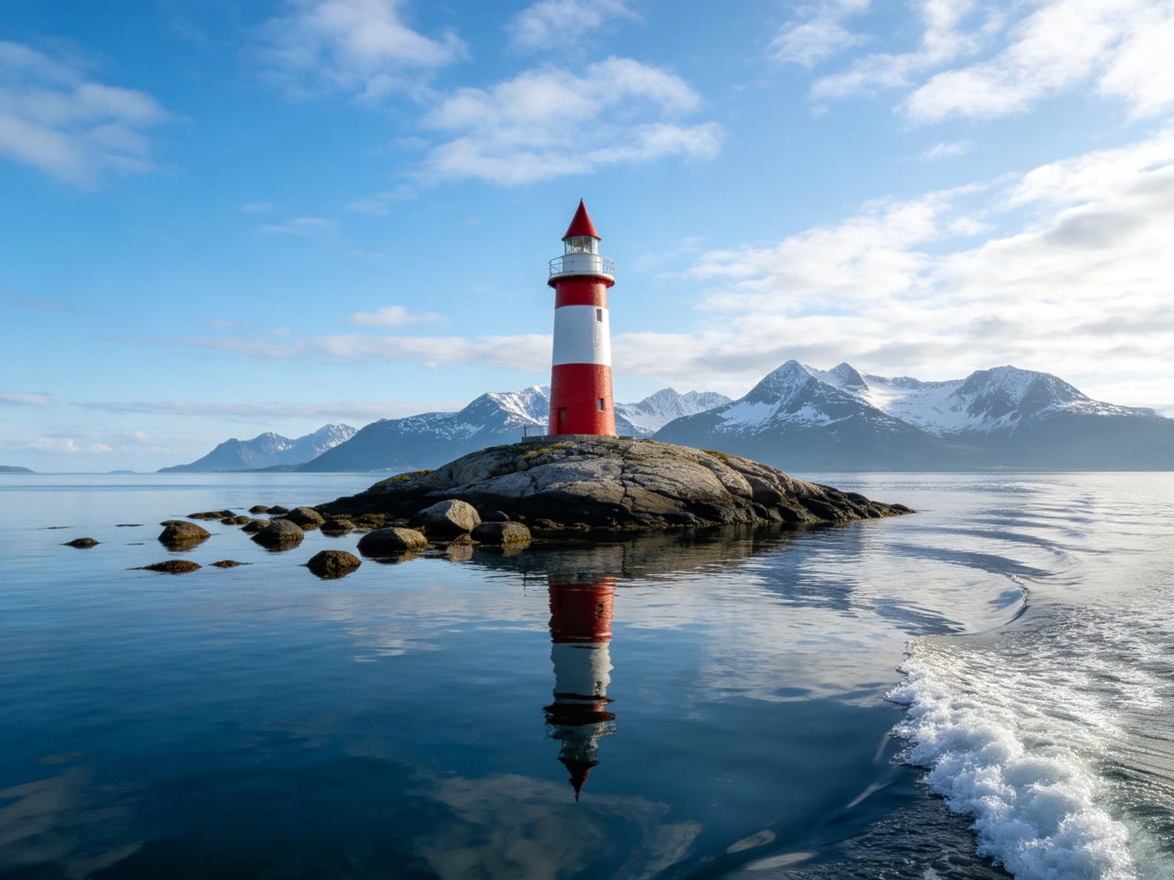 A red and white striped lighthouse on a rocky islet by snowy mountains