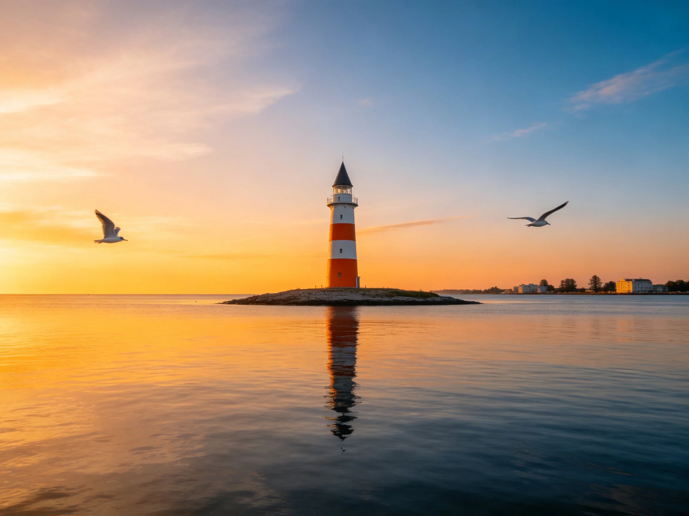 A red-and-white striped lighthouse on a small island at sunset