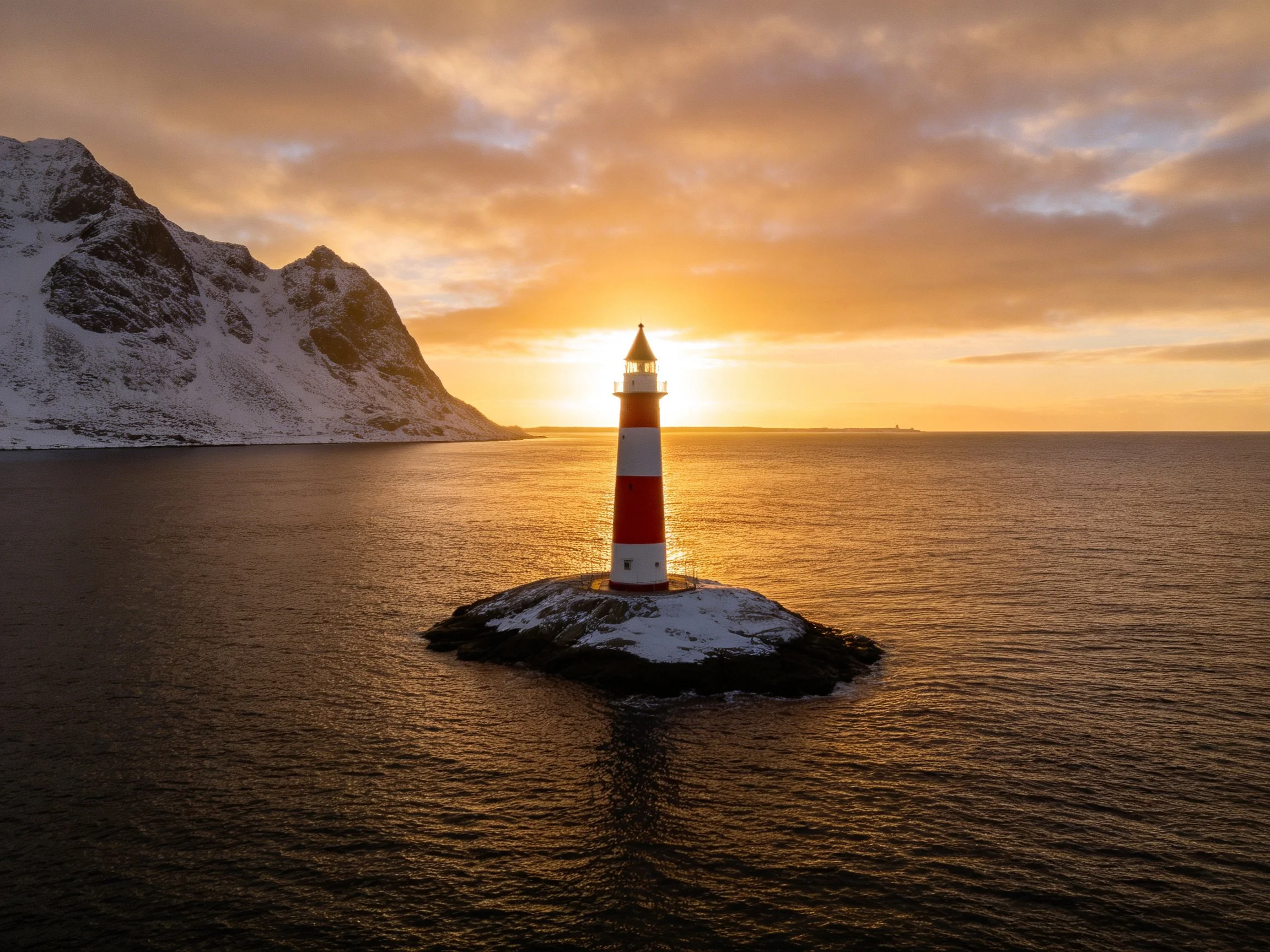 A red-and-white striped lighthouse on a snow-dusted islet near snow-capped mountains at sunset