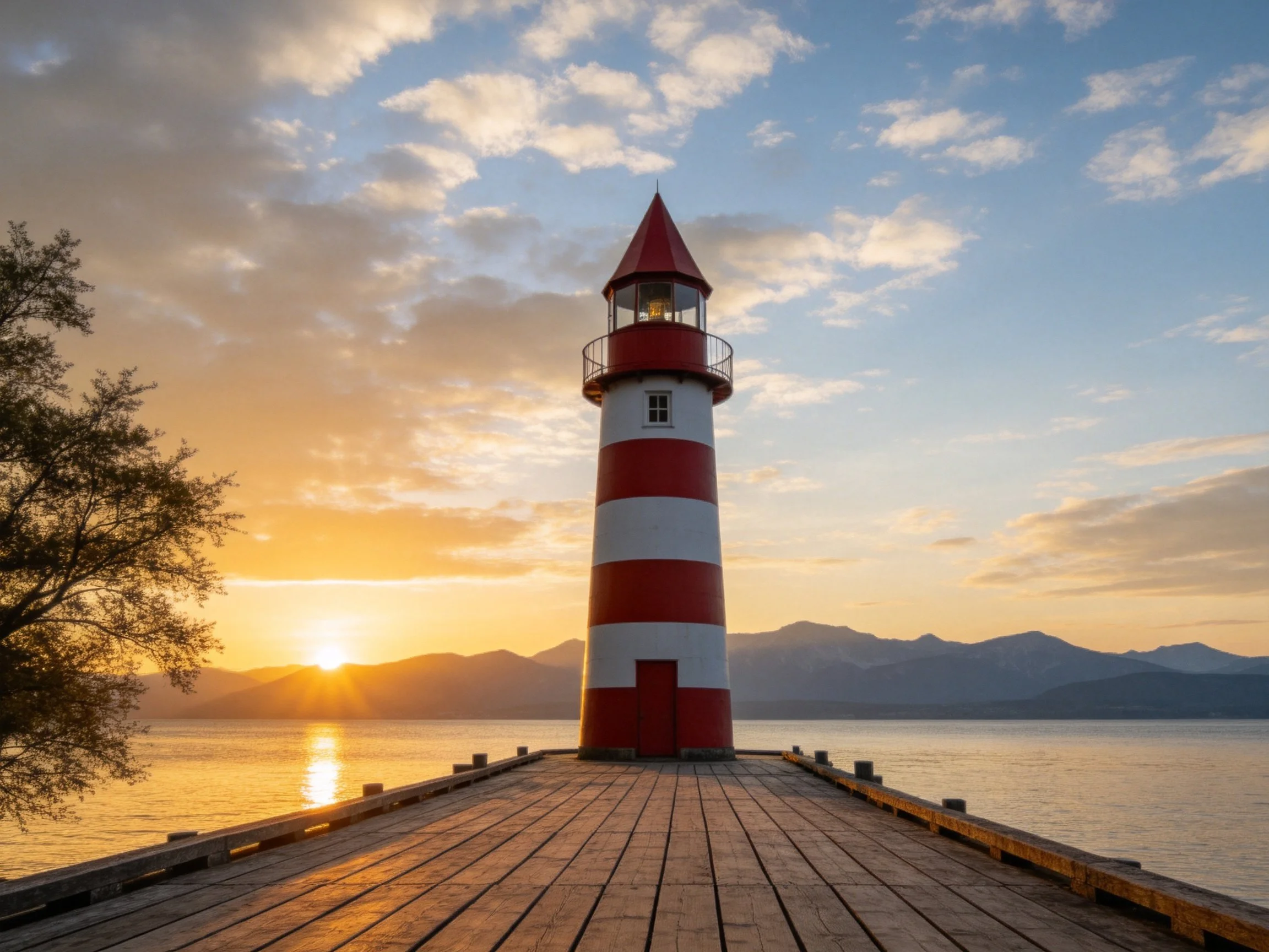 A red-and-white striped lighthouse on a wooden pier at sunset