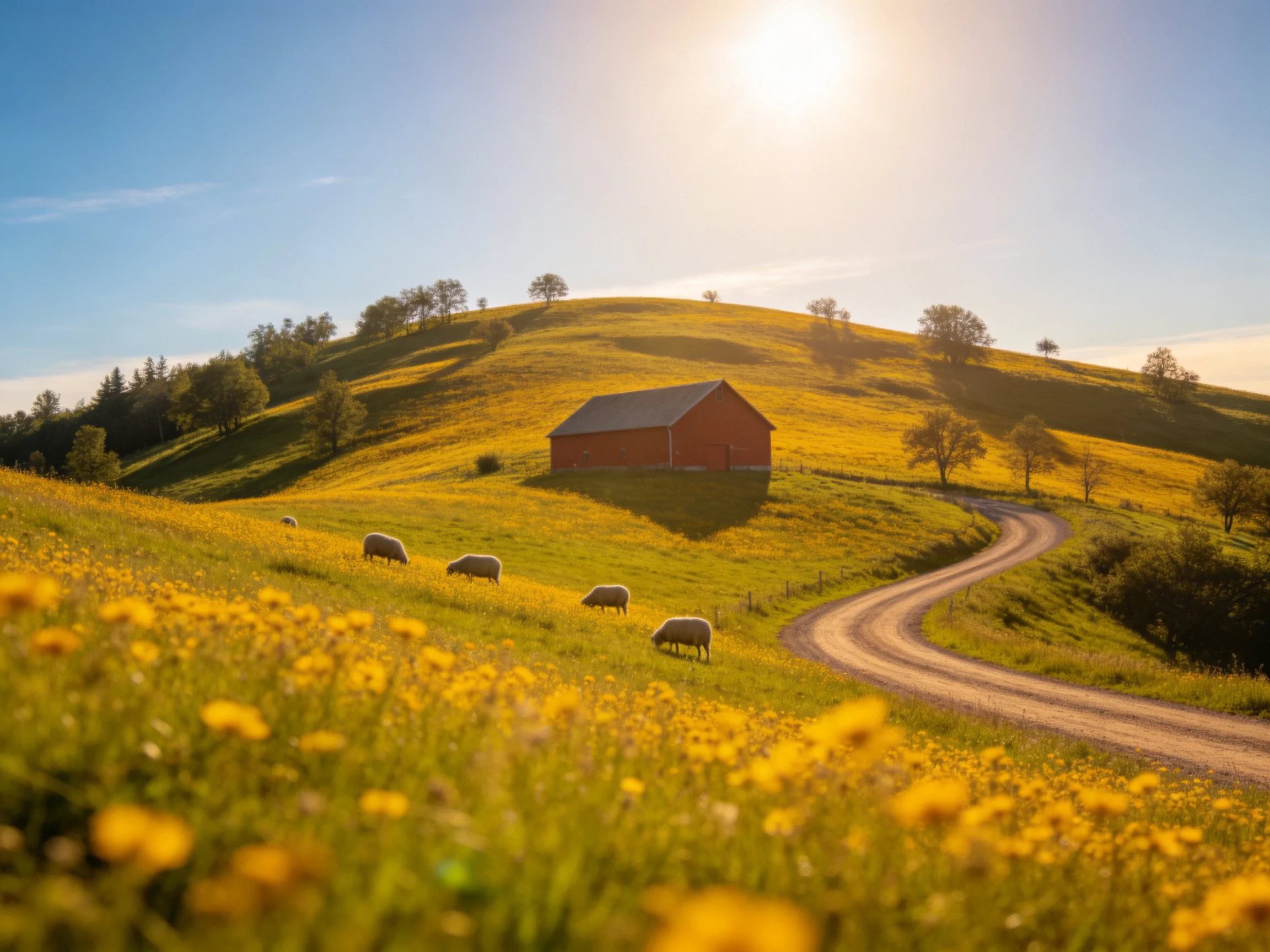 A red barn amid yellow wildflowers and rolling green hills under bright sunlight