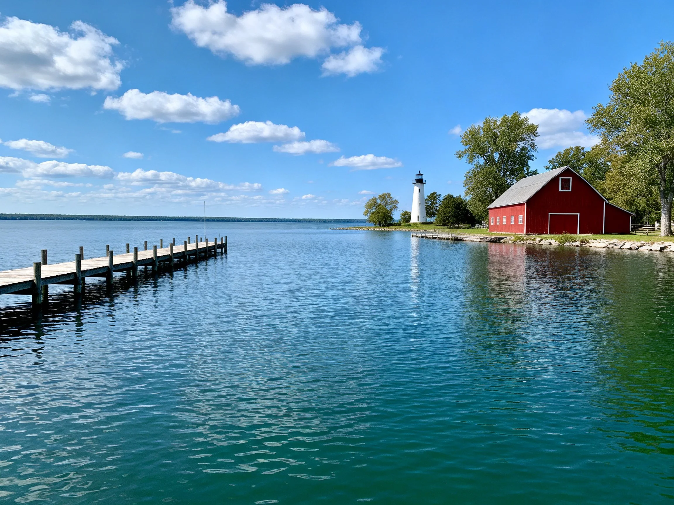 A red barn, white lighthouse, and wooden dock by calm turquoise waters