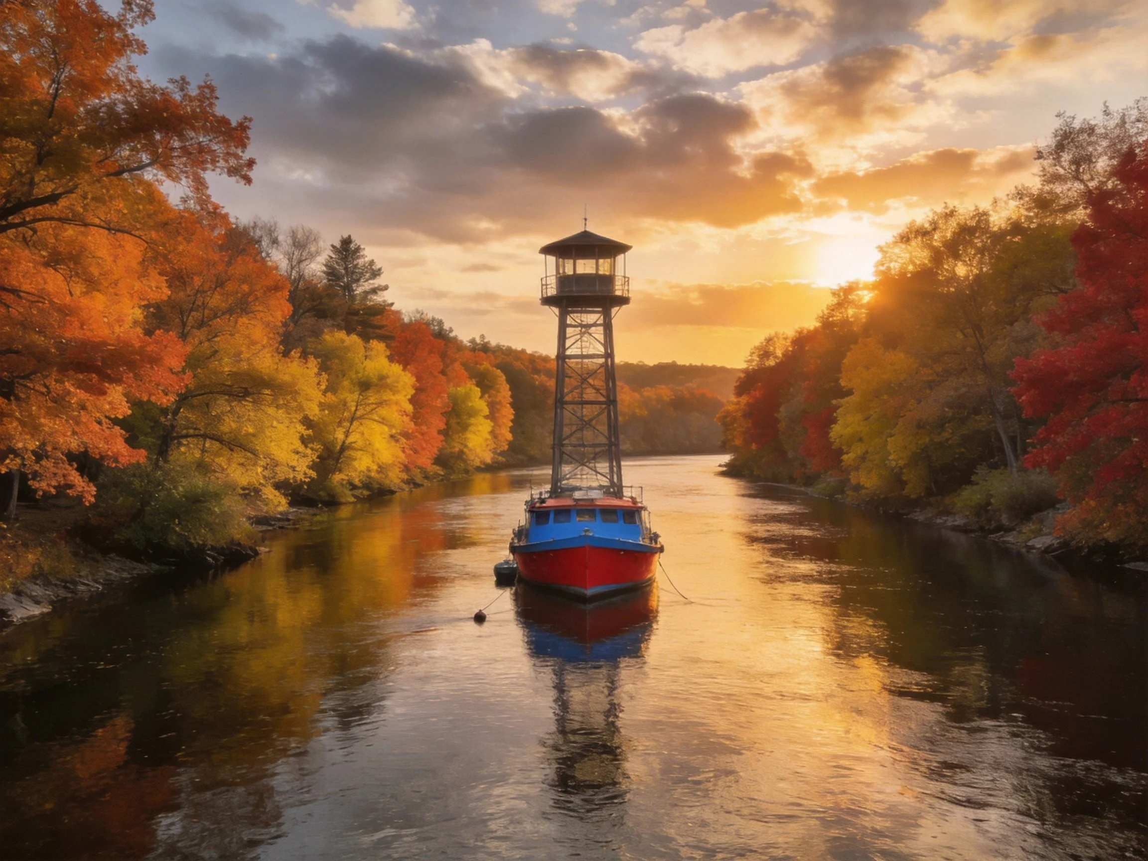 A red boat with a metal tower sails down a calm river surrounded by autumn-colored trees at sunset.
