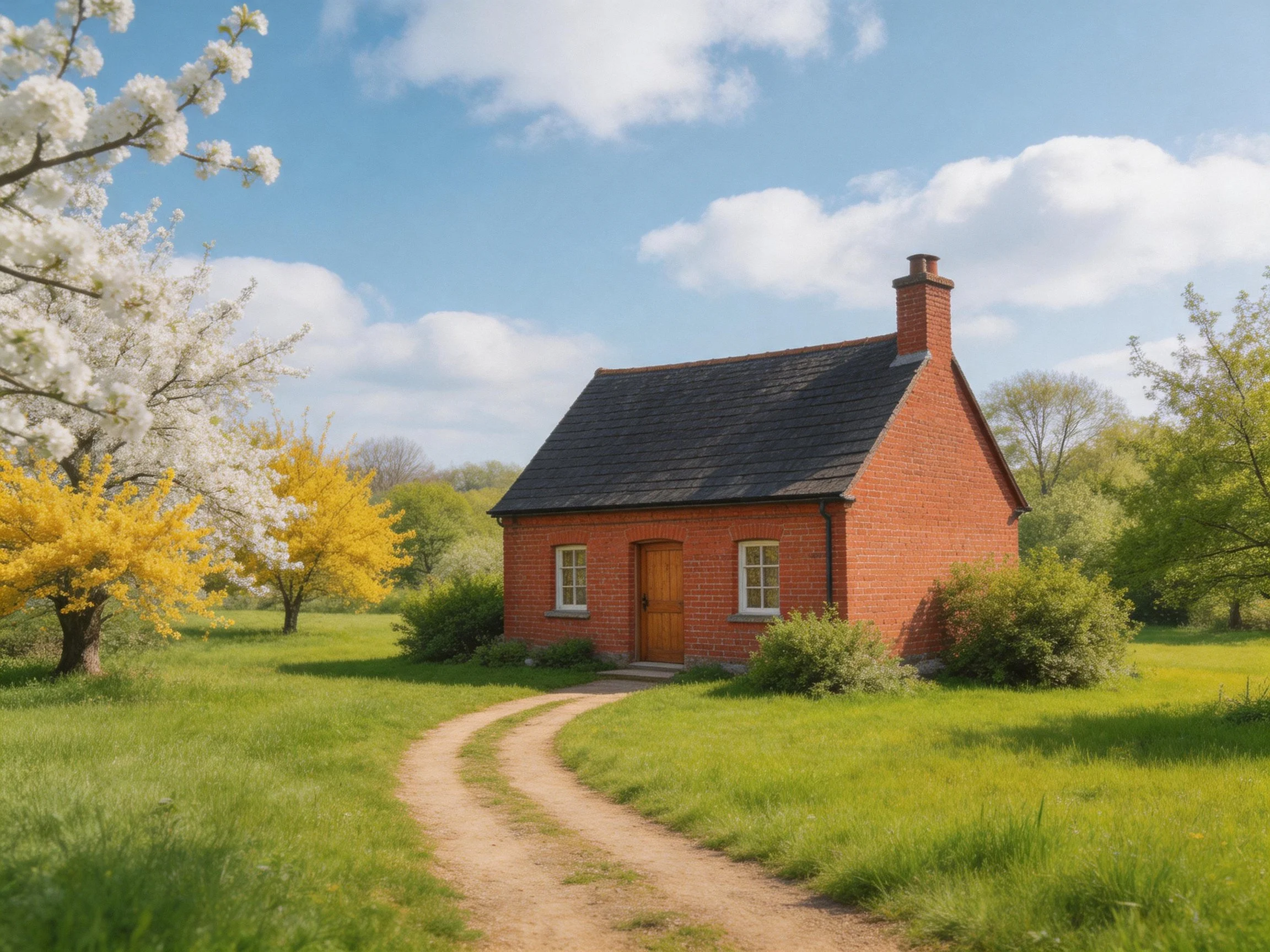 A red-brick cottage near blooming trees and green fields