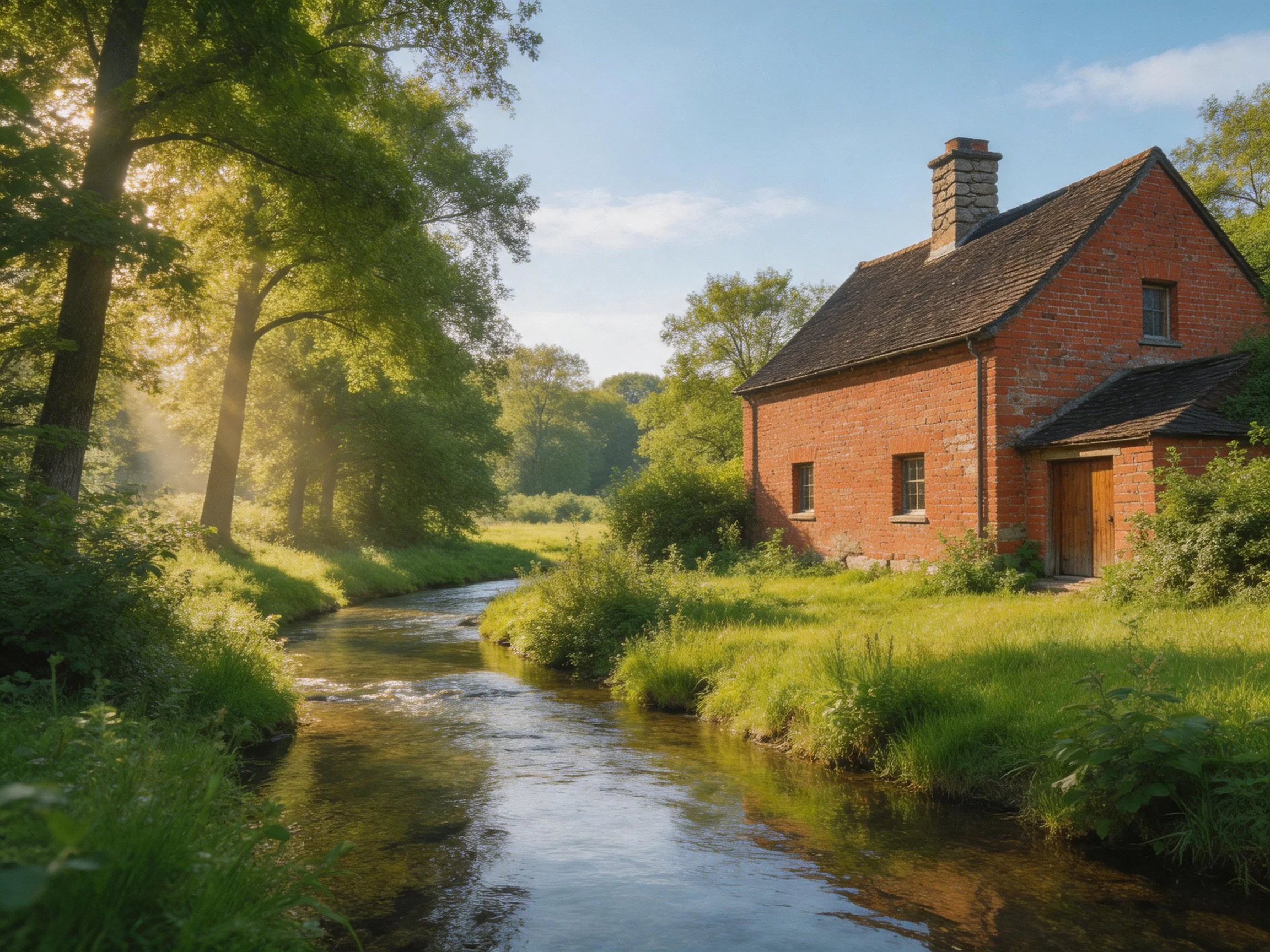 A red-brick house by a winding stream in lush green landscape