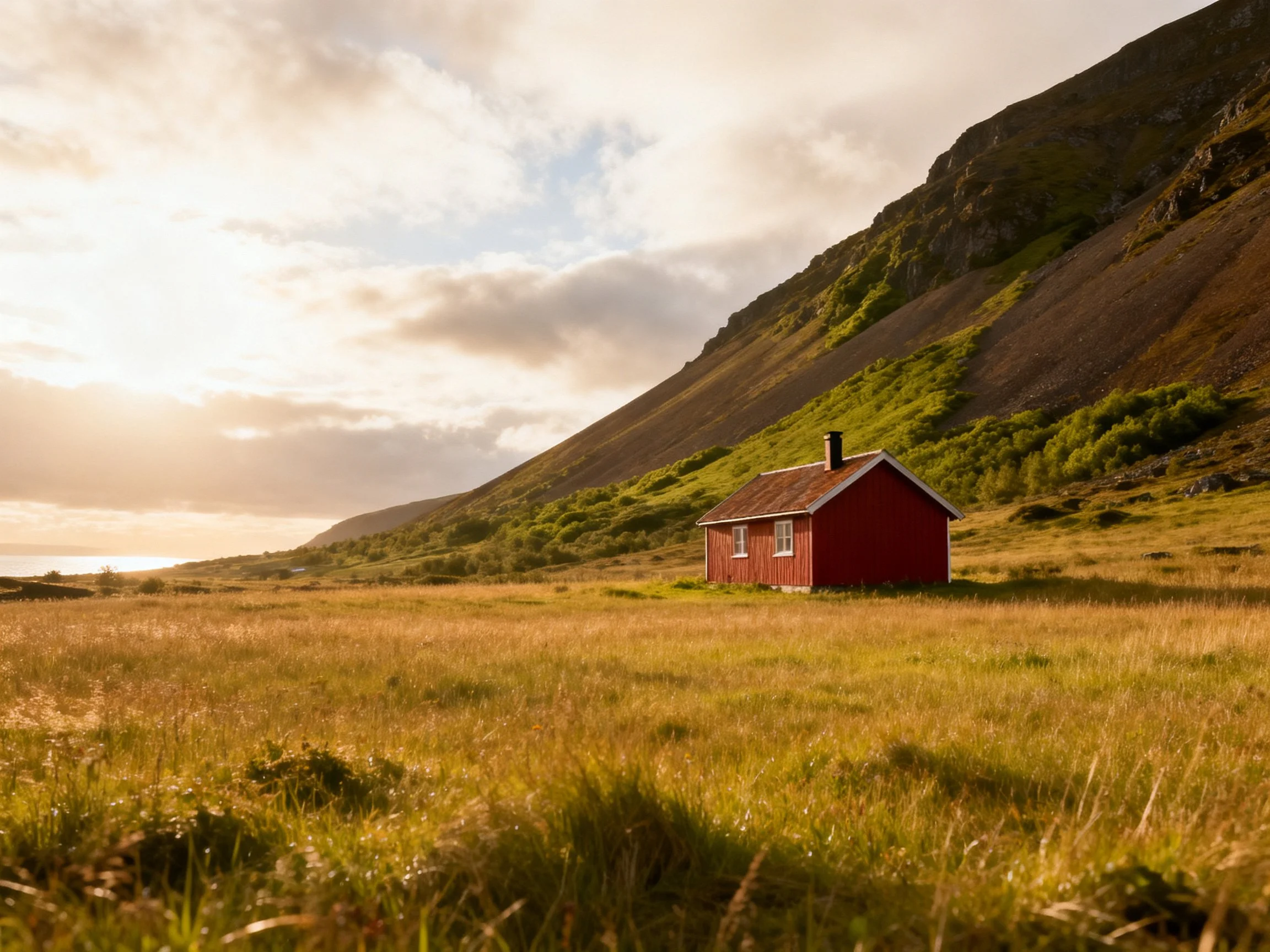 A red cabin in a golden meadow by a steep green hillside