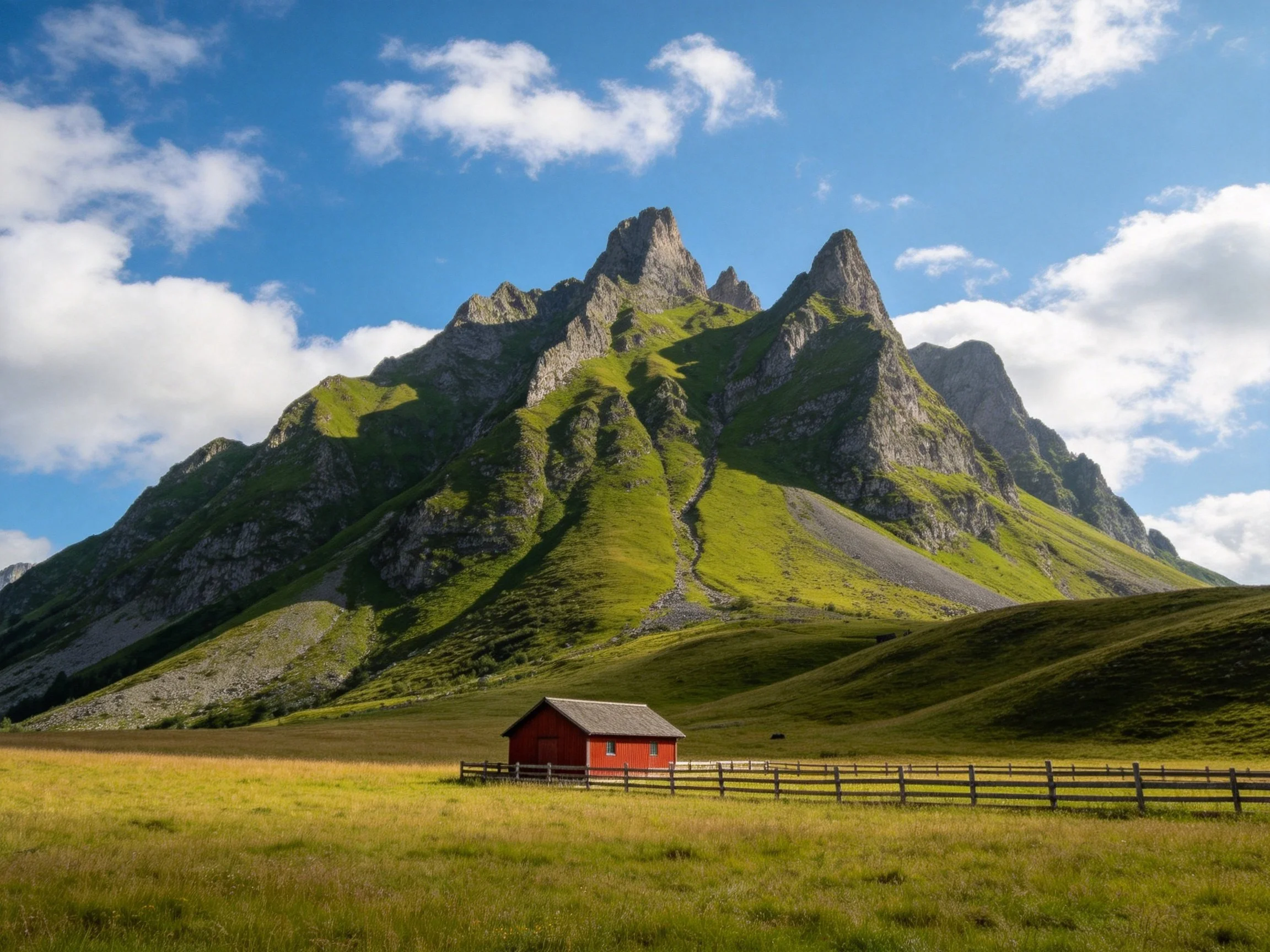 A red cabin in a meadow near tall green mountain peaks under blue sky