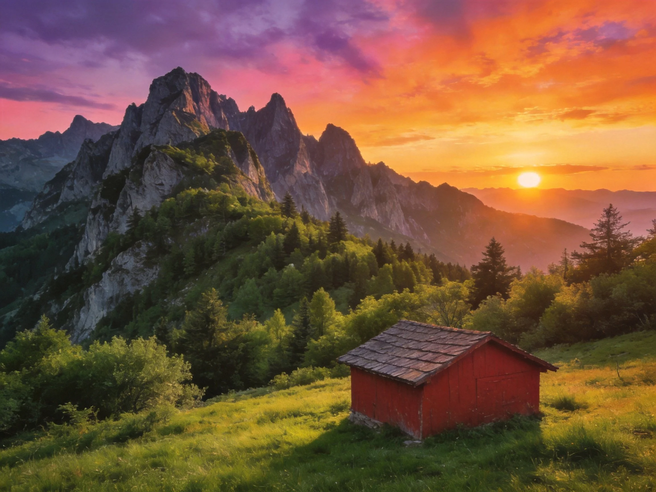 A red cabin near jagged mountains under vibrant sunset skies