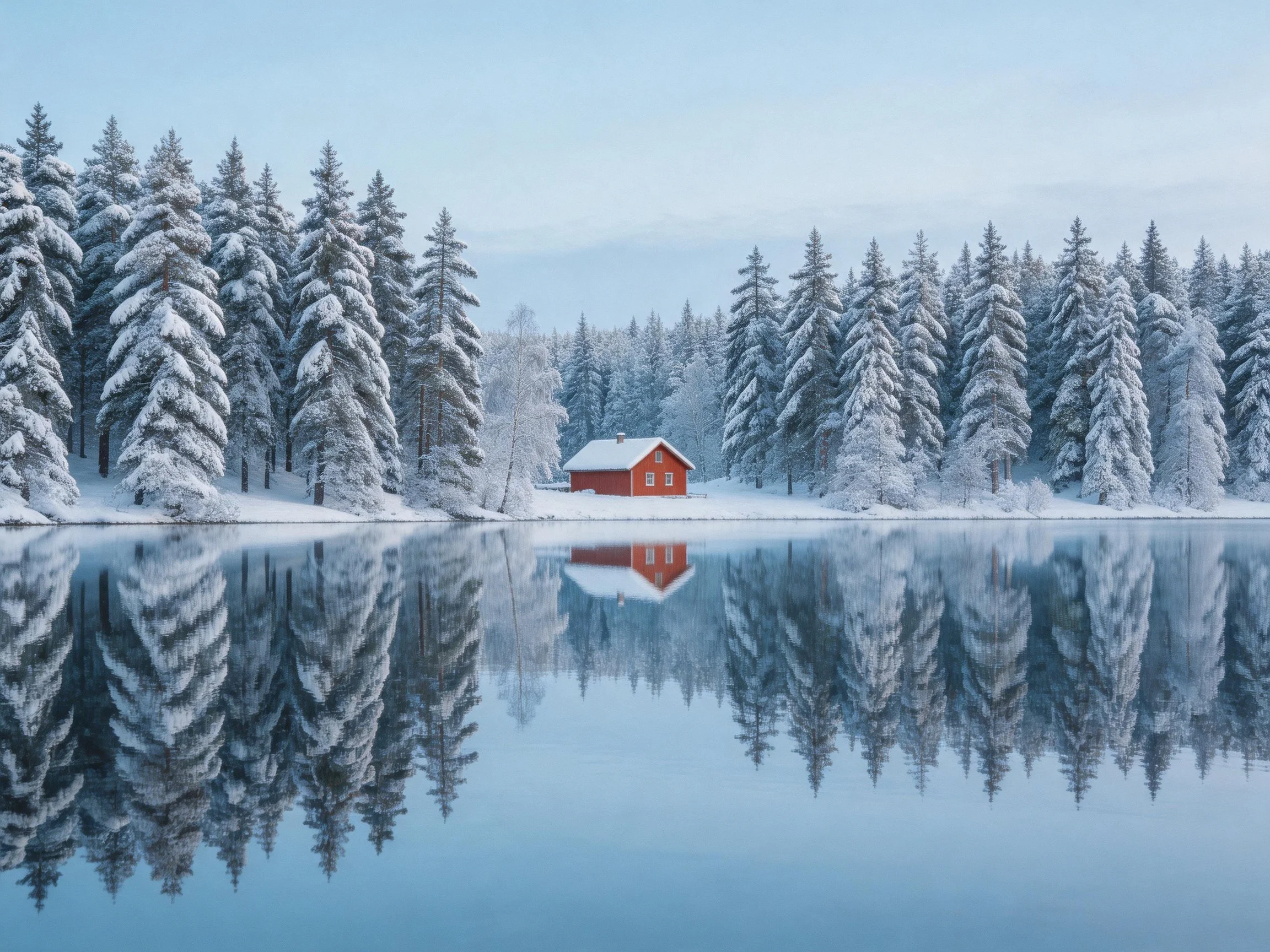 A red cabin near snow-draped evergreens by calm reflective water