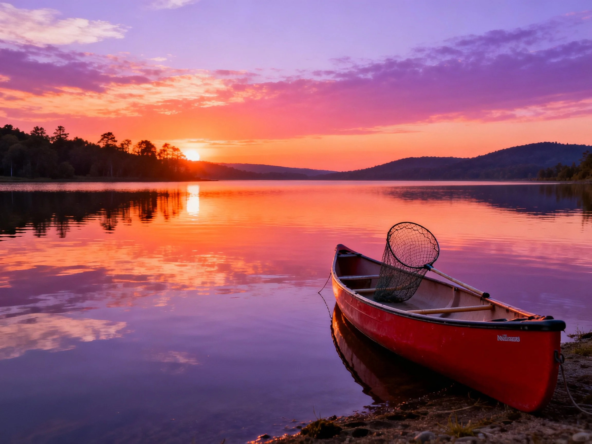 A red canoe by a calm lake under a vibrant sunset sky