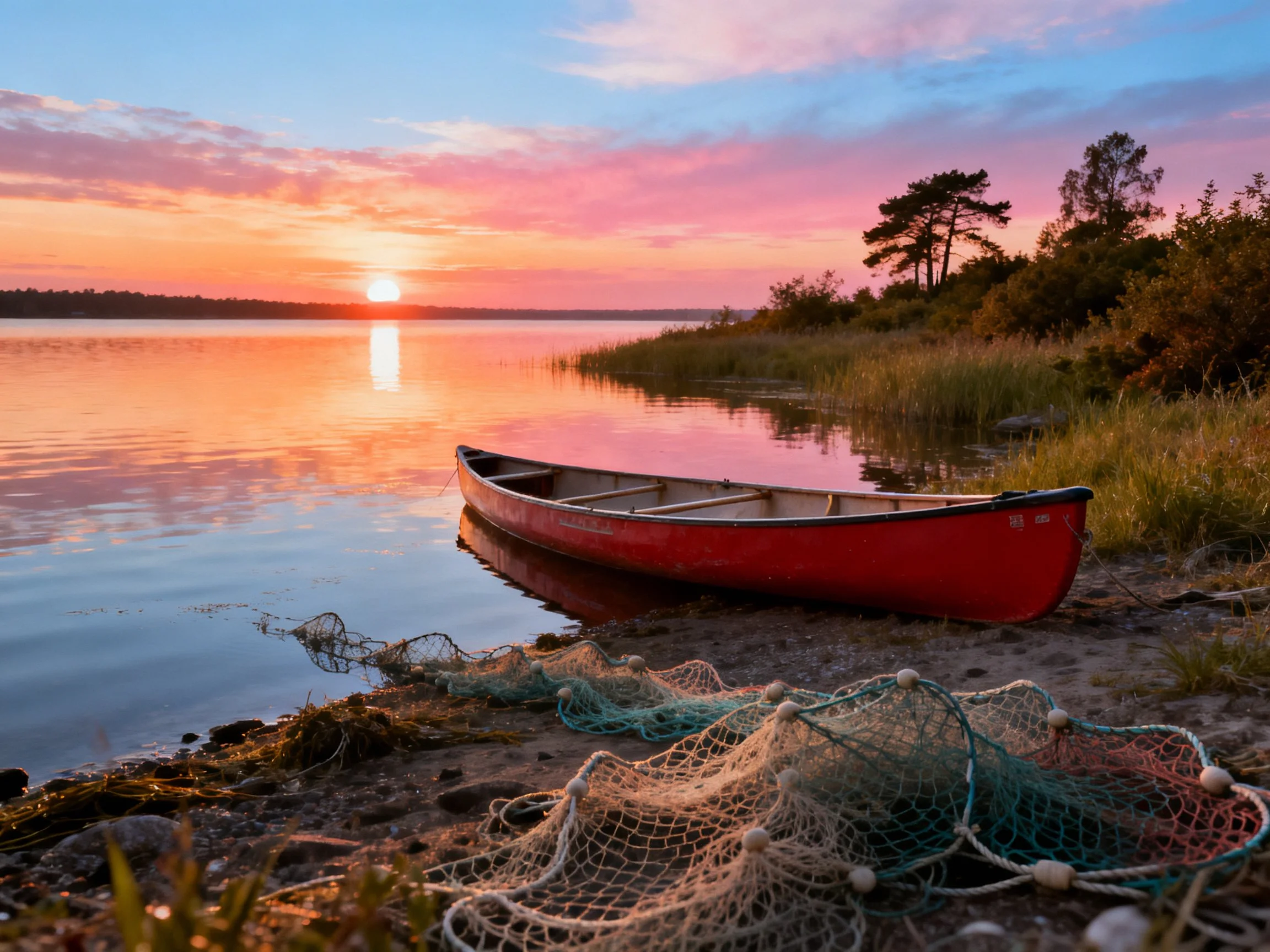 A red canoe rests beside calm waters during vibrant sunset