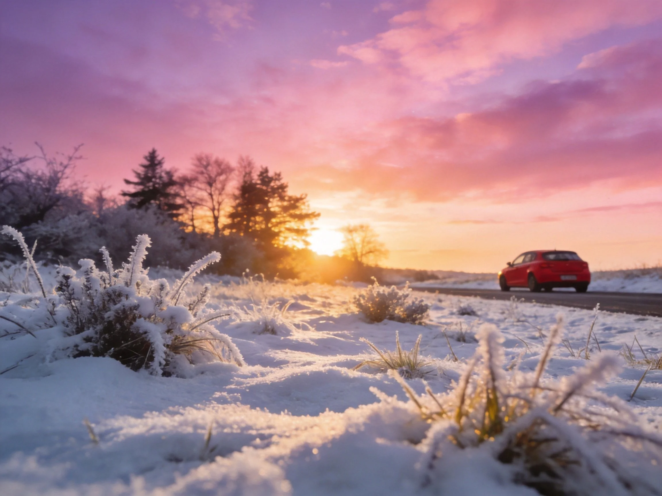 A red car travels along a snow-covered road at sunset