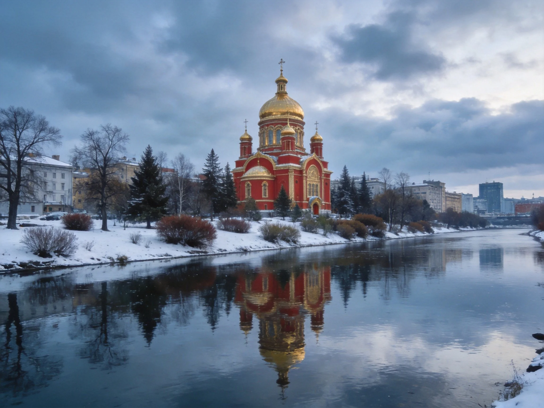 A red church with golden domes near a snow-covered river