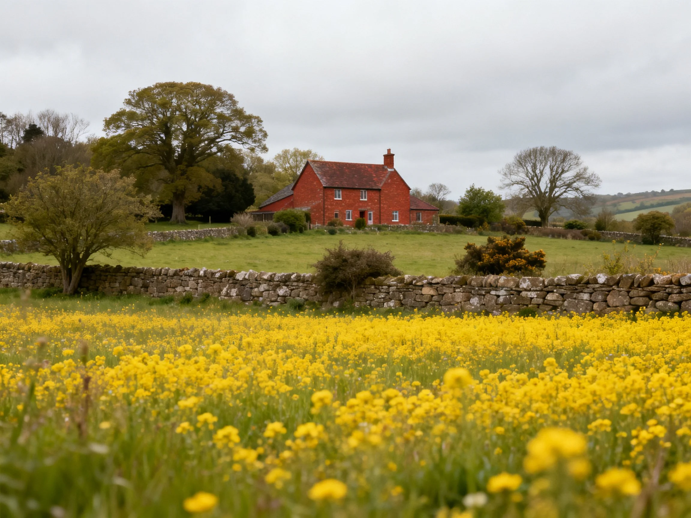 A red farmhouse near a stone wall with yellow flower field