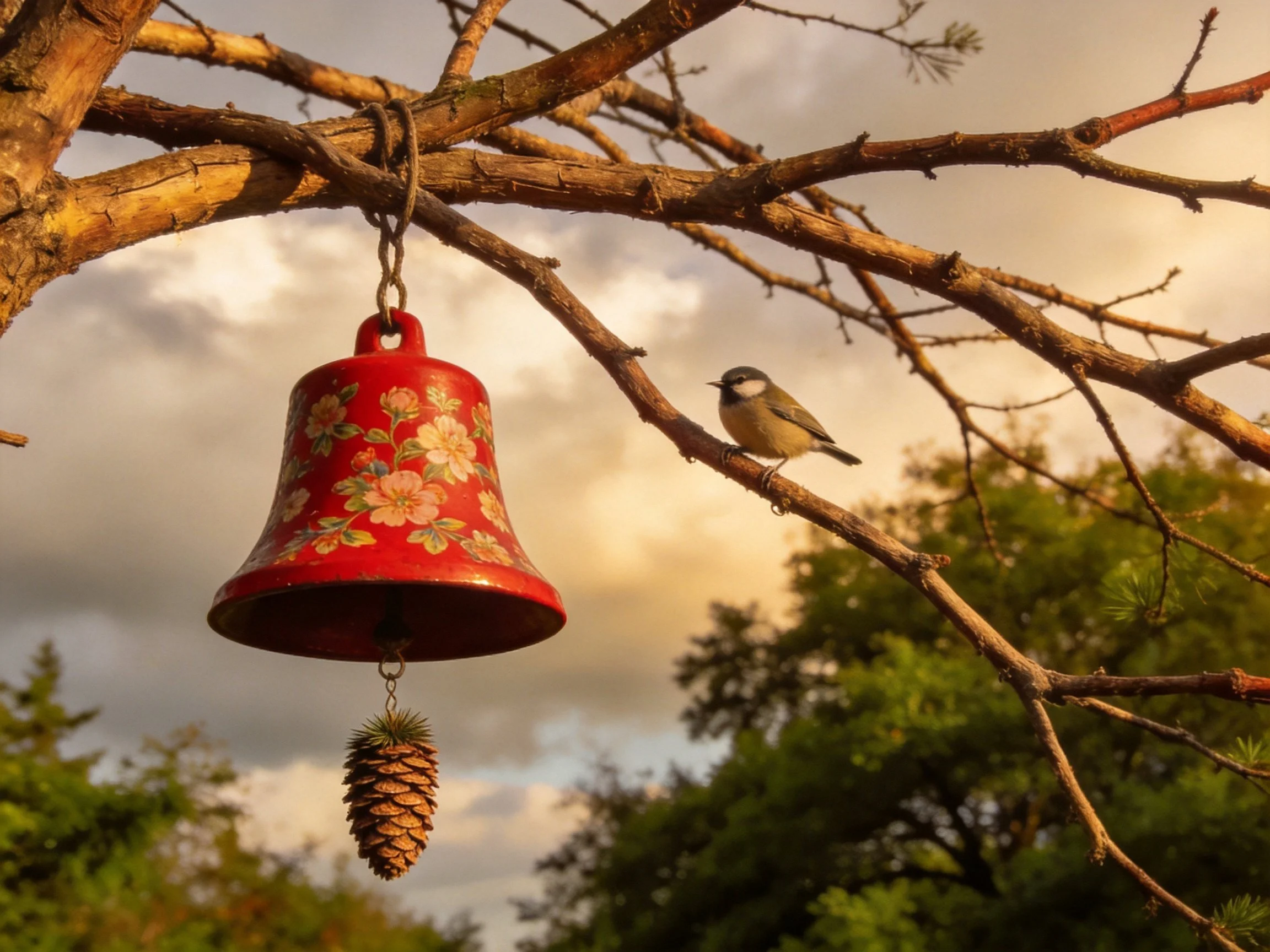 A red floral bell hangs from a tree branch near a small bird