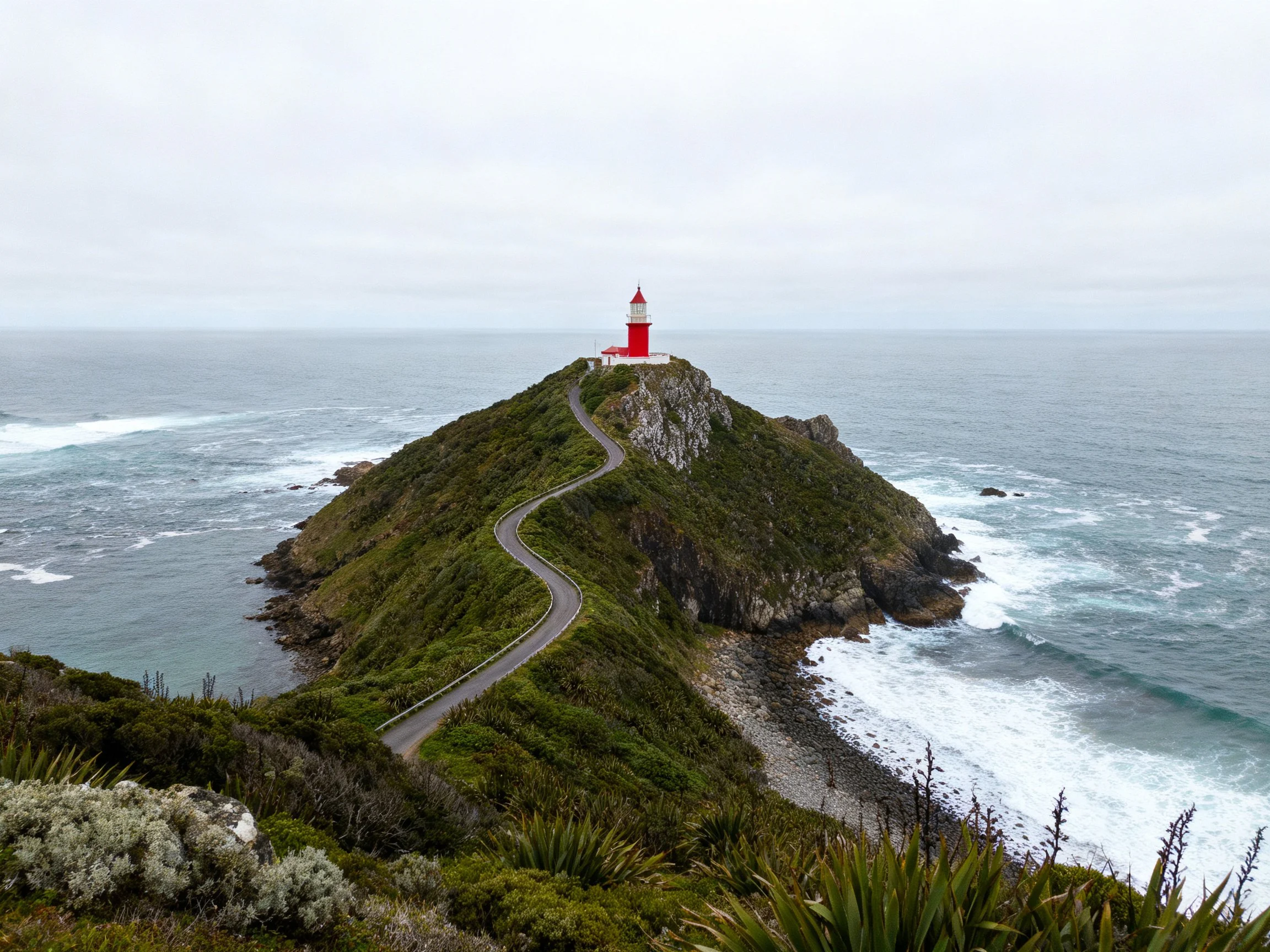 A red lighthouse atop a lush coastal hill by the sea