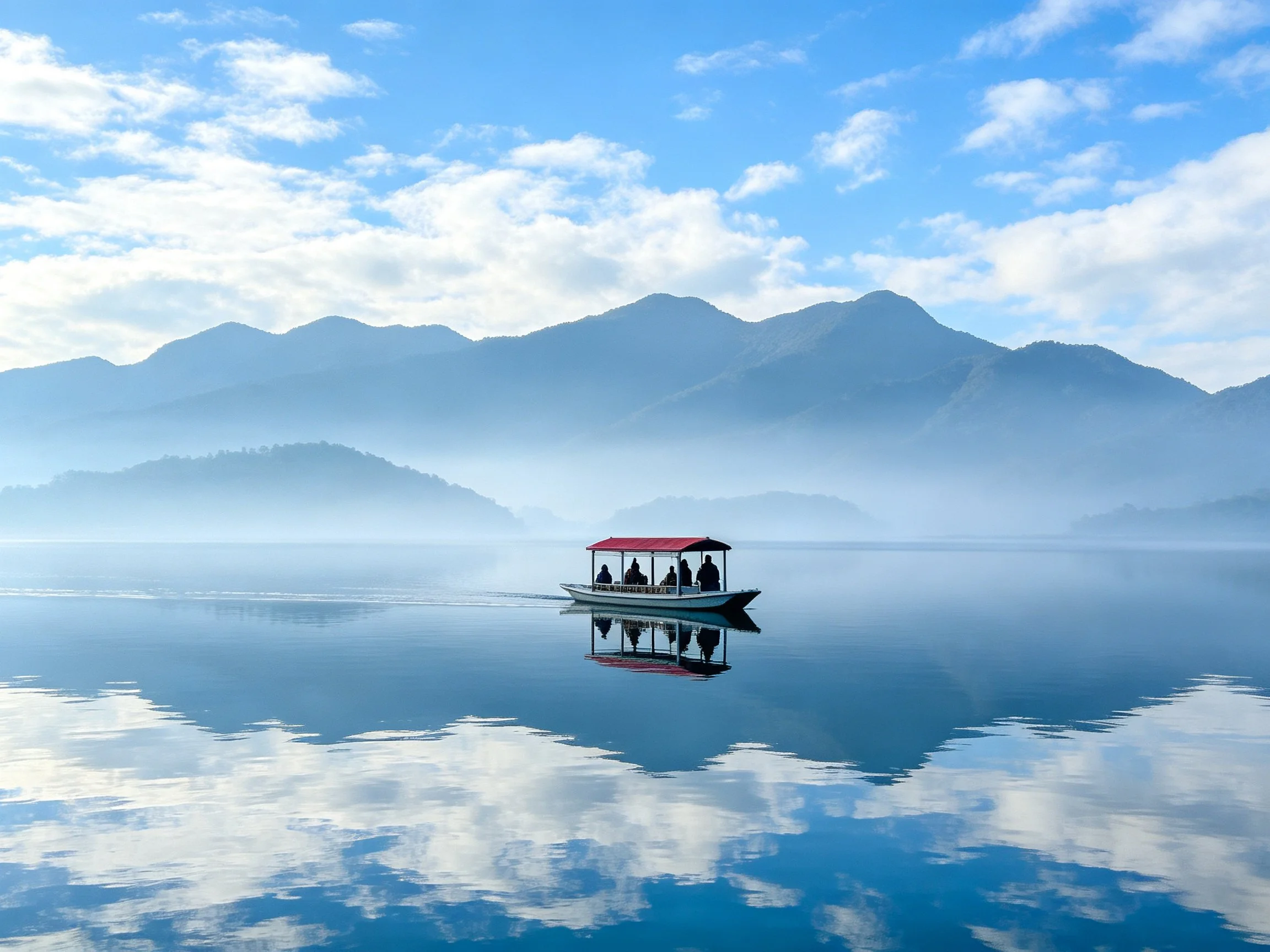A red-roofed boat floats on misty blue waters near mountain ranges