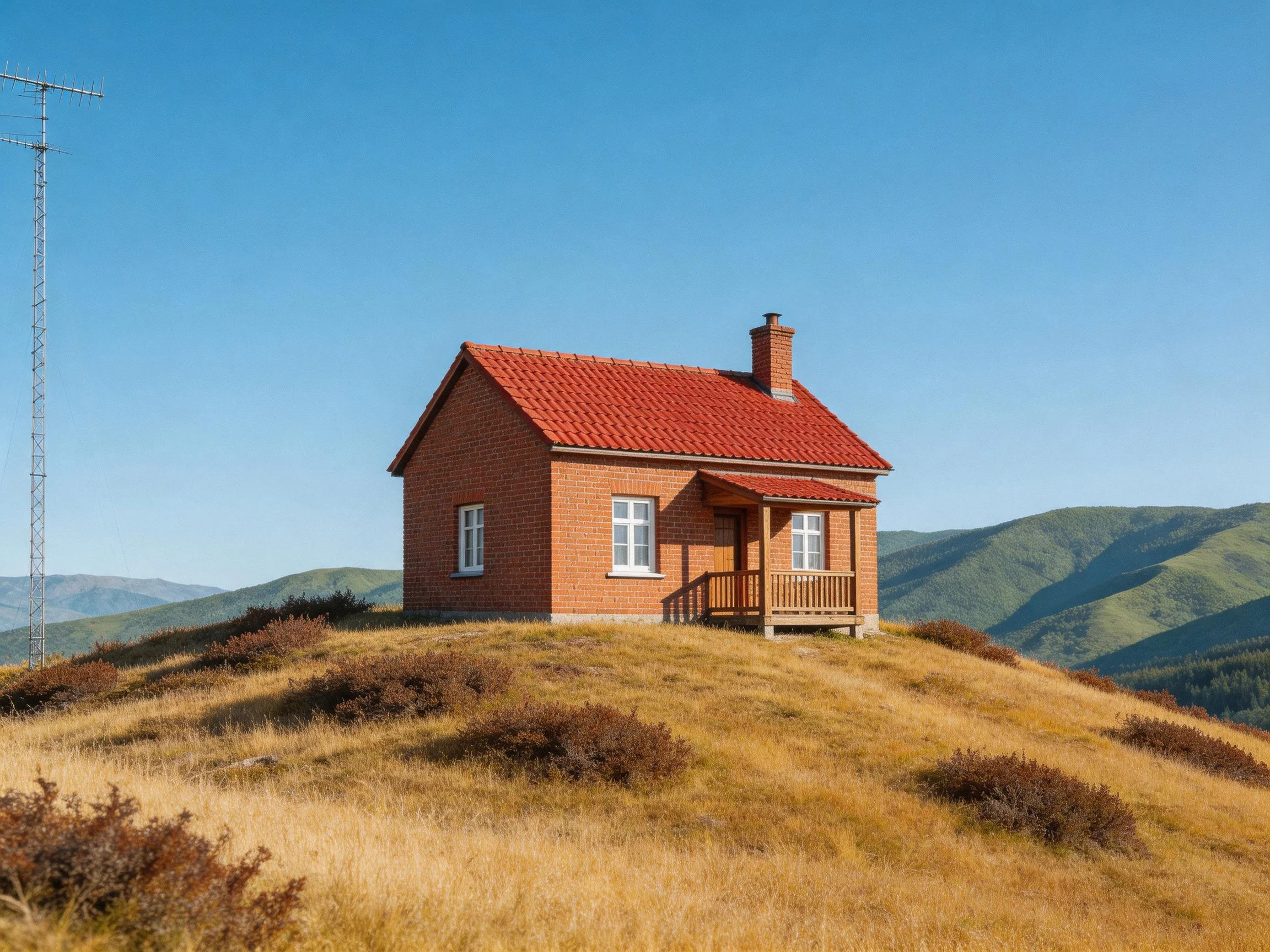 A red-roofed brick house on a grassy hillside near mountains