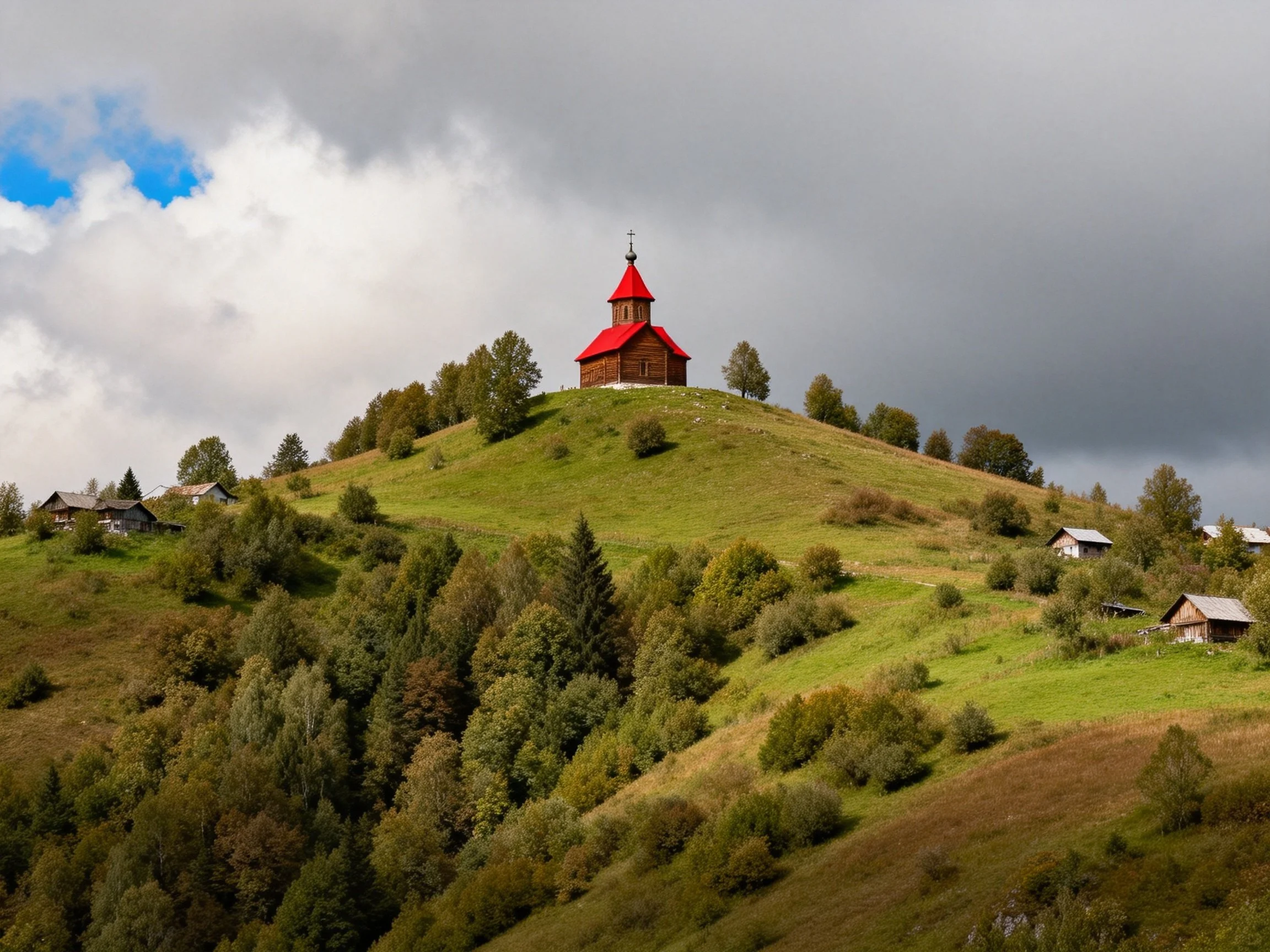 A red-roofed church atop a verdant hillside