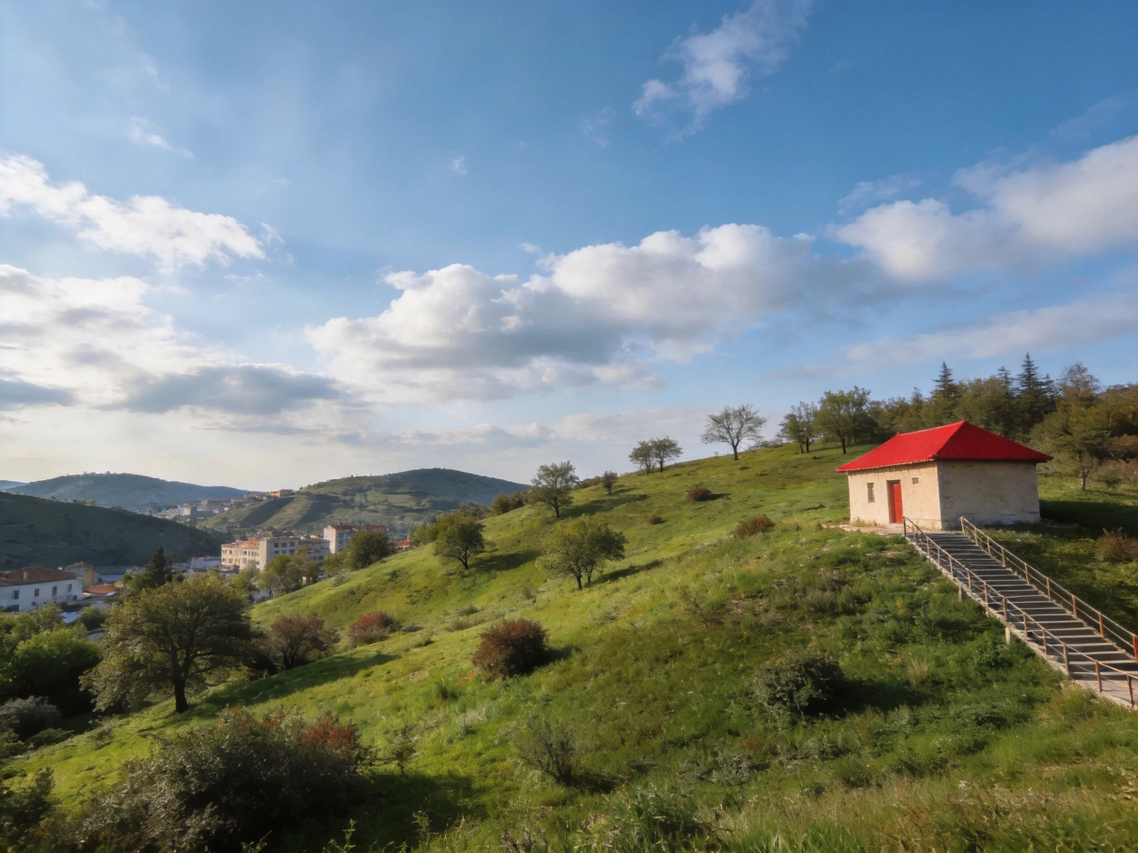 A red-roofed house overlooks a verdant hilly landscape