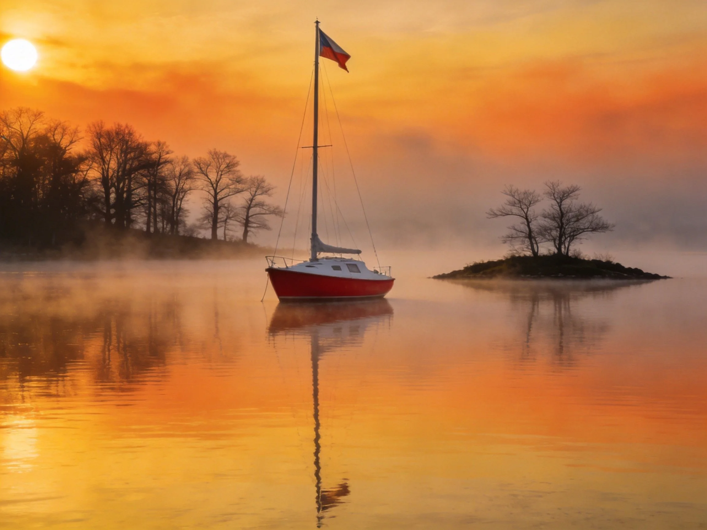 A red sailboat floats on misty water during golden sunrise