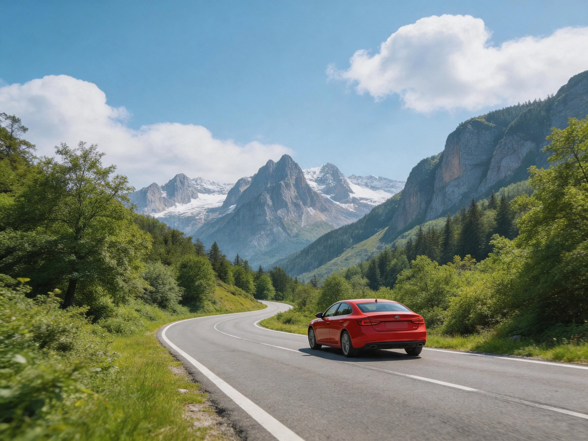 A red sedan travels along a winding mountain road
