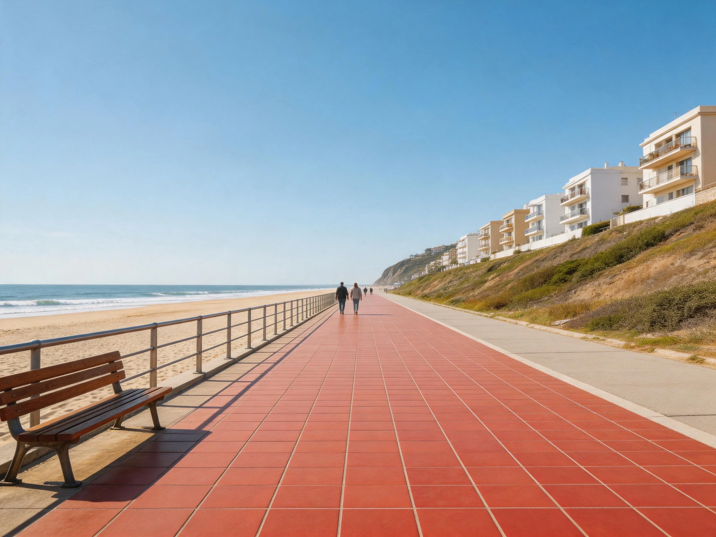 A red-tiled promenade beside a sandy beach with coastal buildings