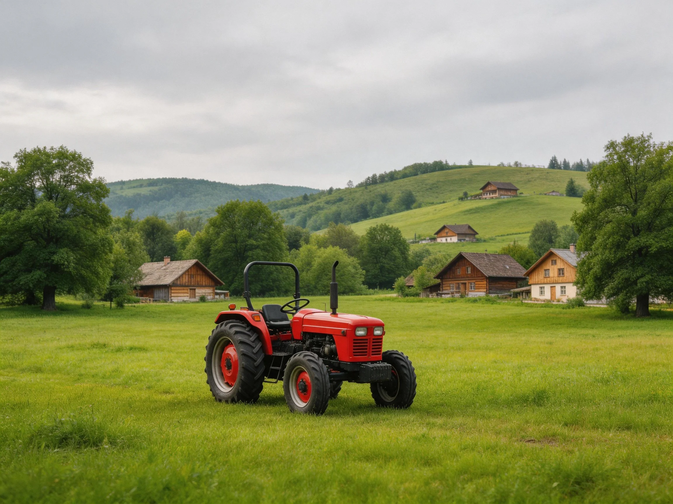A red tractor in a lush green field with wooden cottages