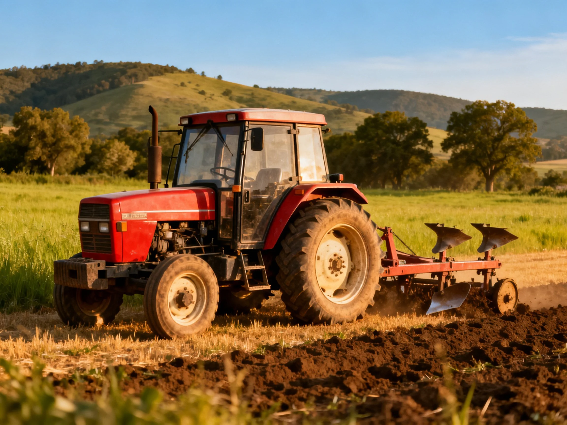 A red tractor plows a field near rolling green hills