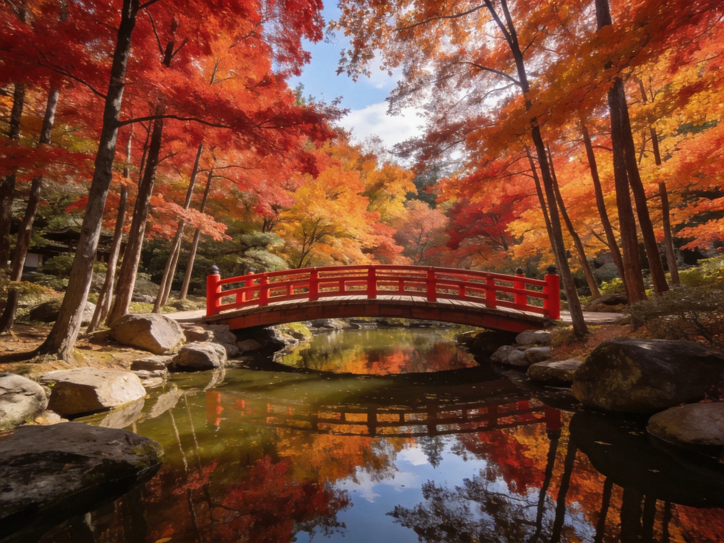 A red wooden bridge spans a pond amid autumnal trees