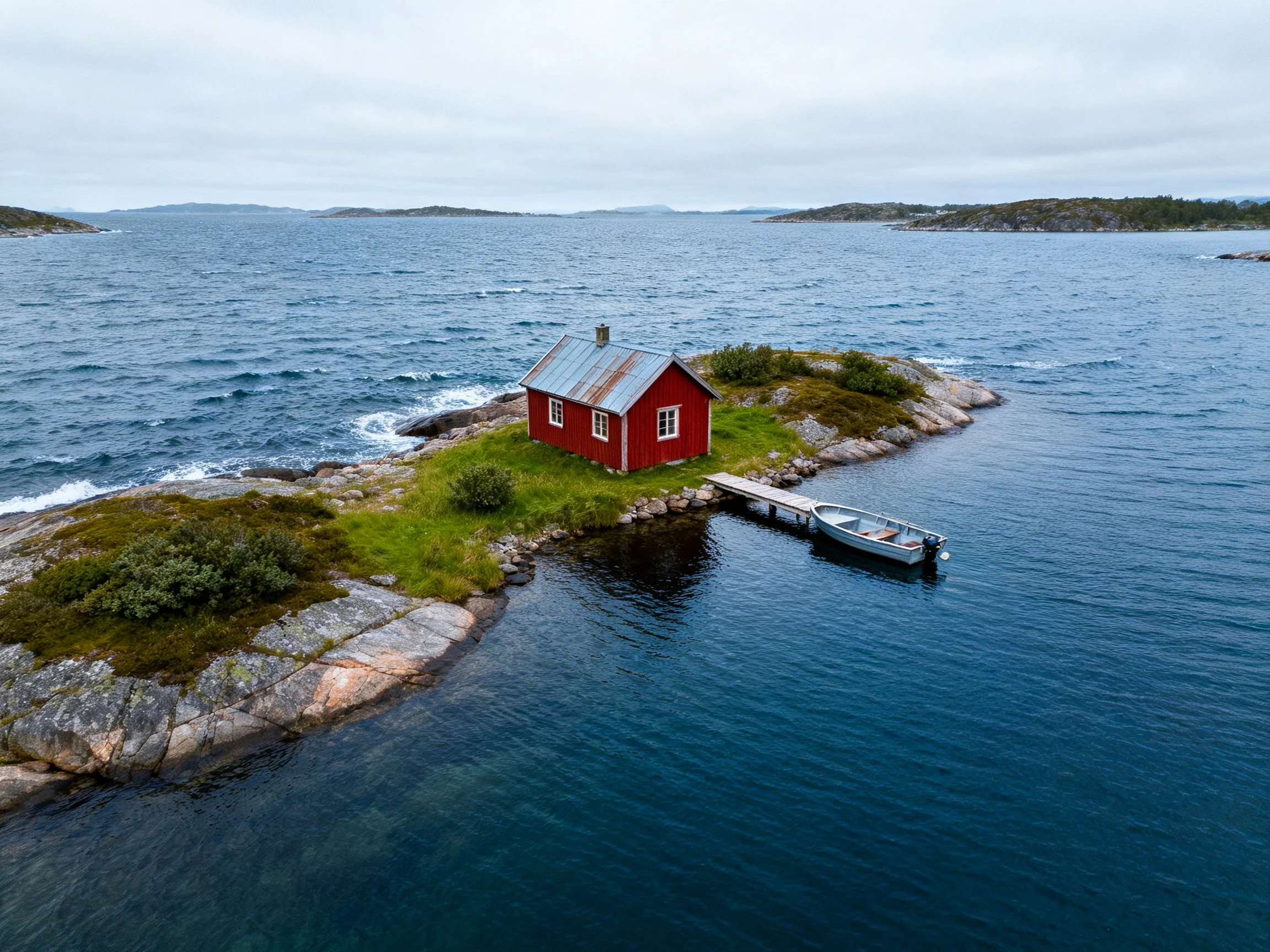 A red wooden cabin on a small rocky island with surrounding water
