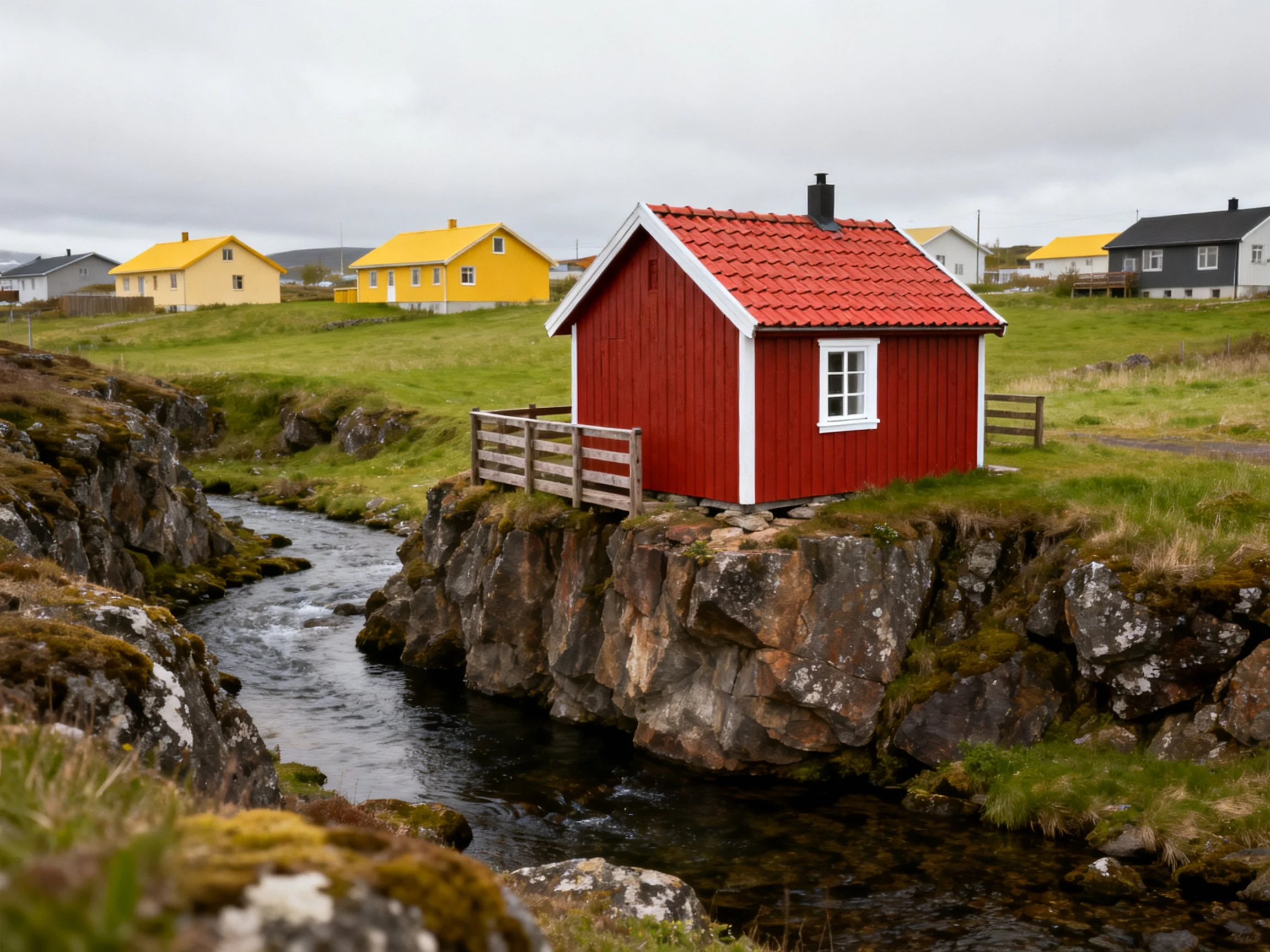 A red wooden cabin sits by rocky cliffs with yellow houses in distance