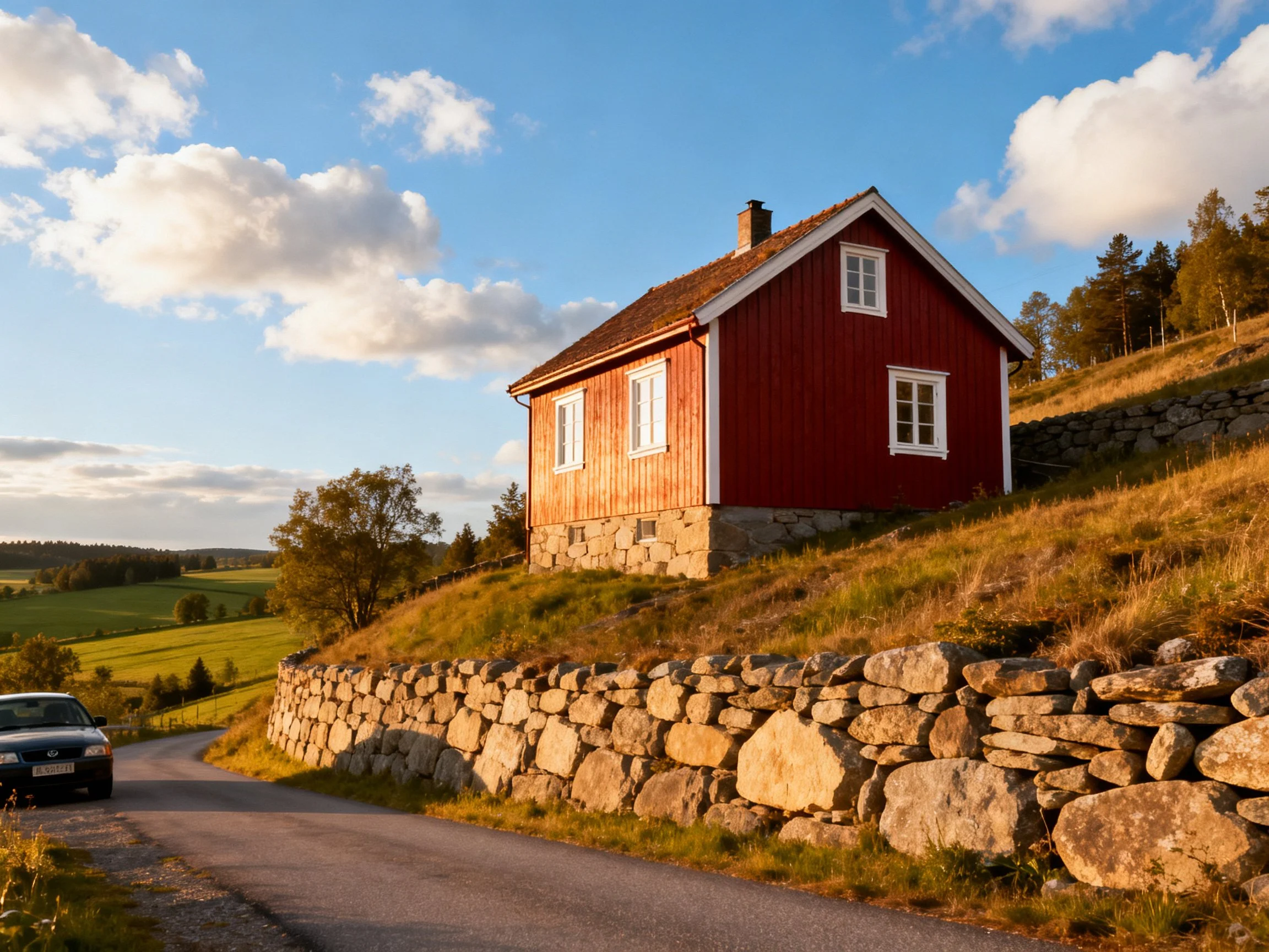 A red wooden house beside a stone wall near a winding road