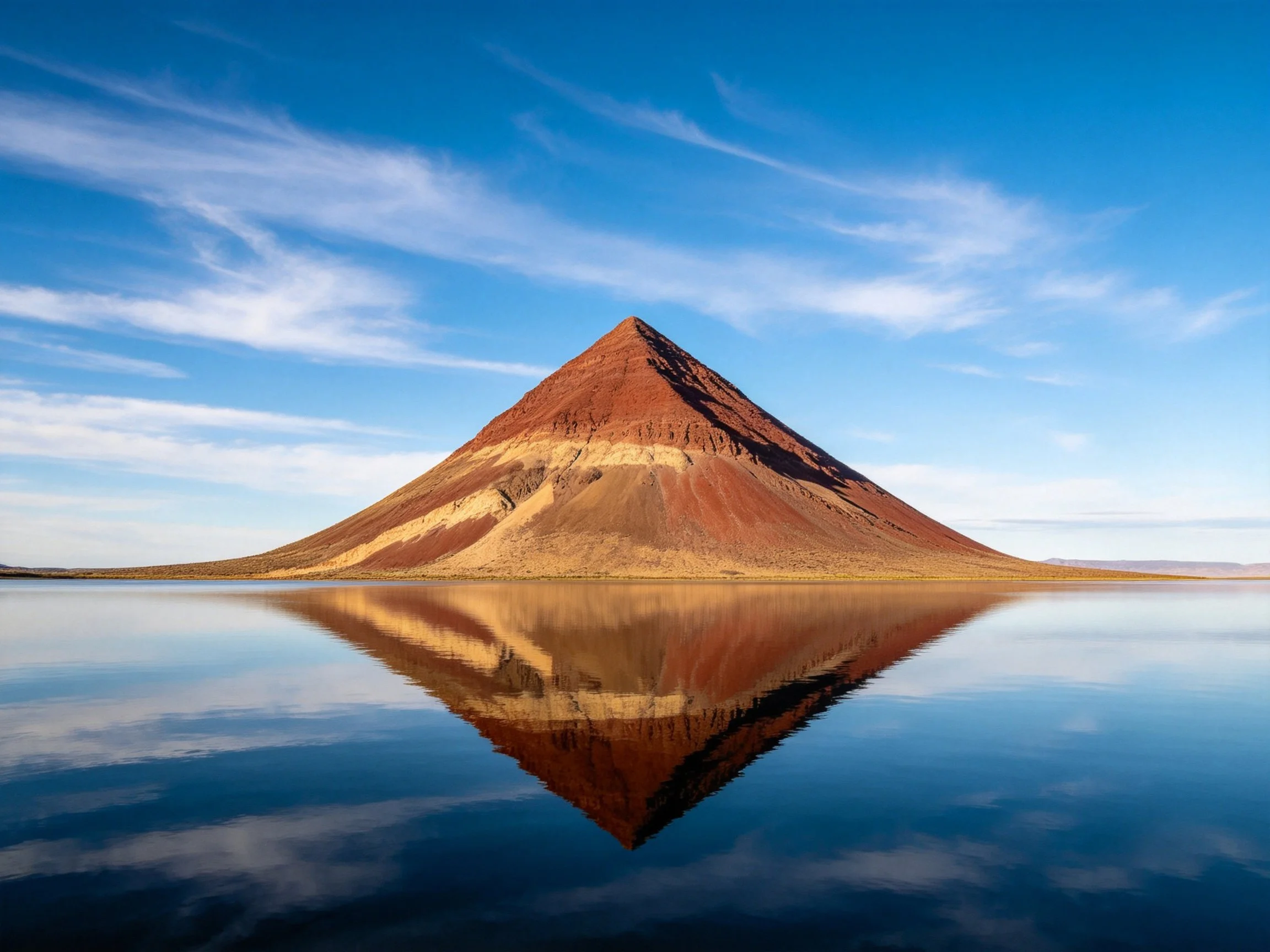 A reddish-brown pyramid hill reflected perfectly in calm water
