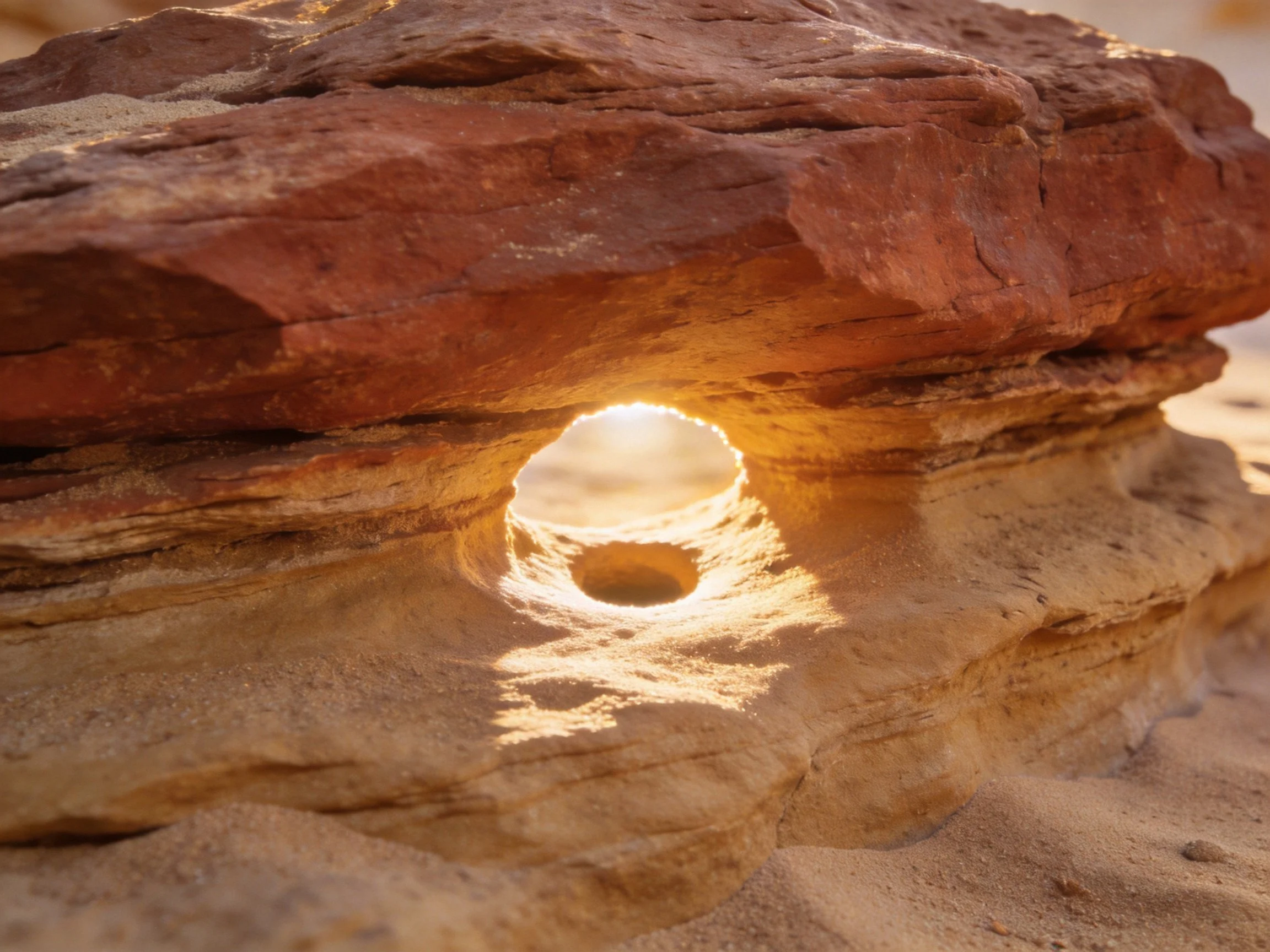 A reddish-brown rock formation with a circular sunlit opening