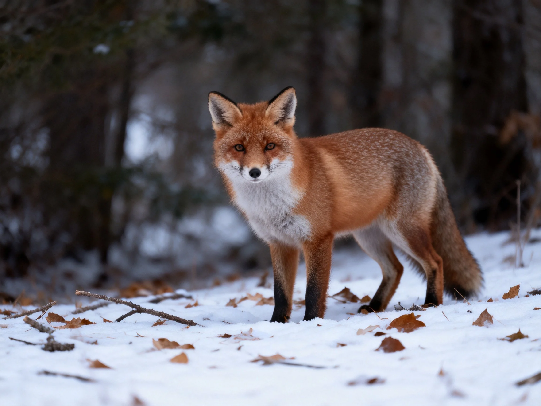 A reddish-orange fox in a snow-dotted forest clearing