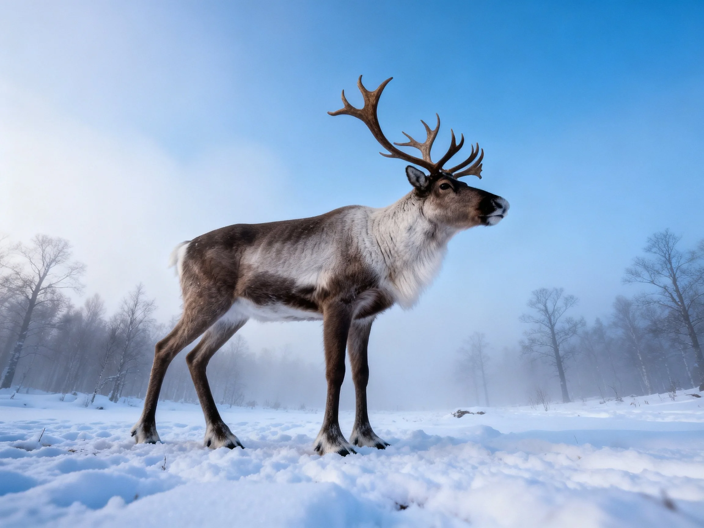 A reindeer with large antlers stands on a snow - covered field under a clear blue sky.