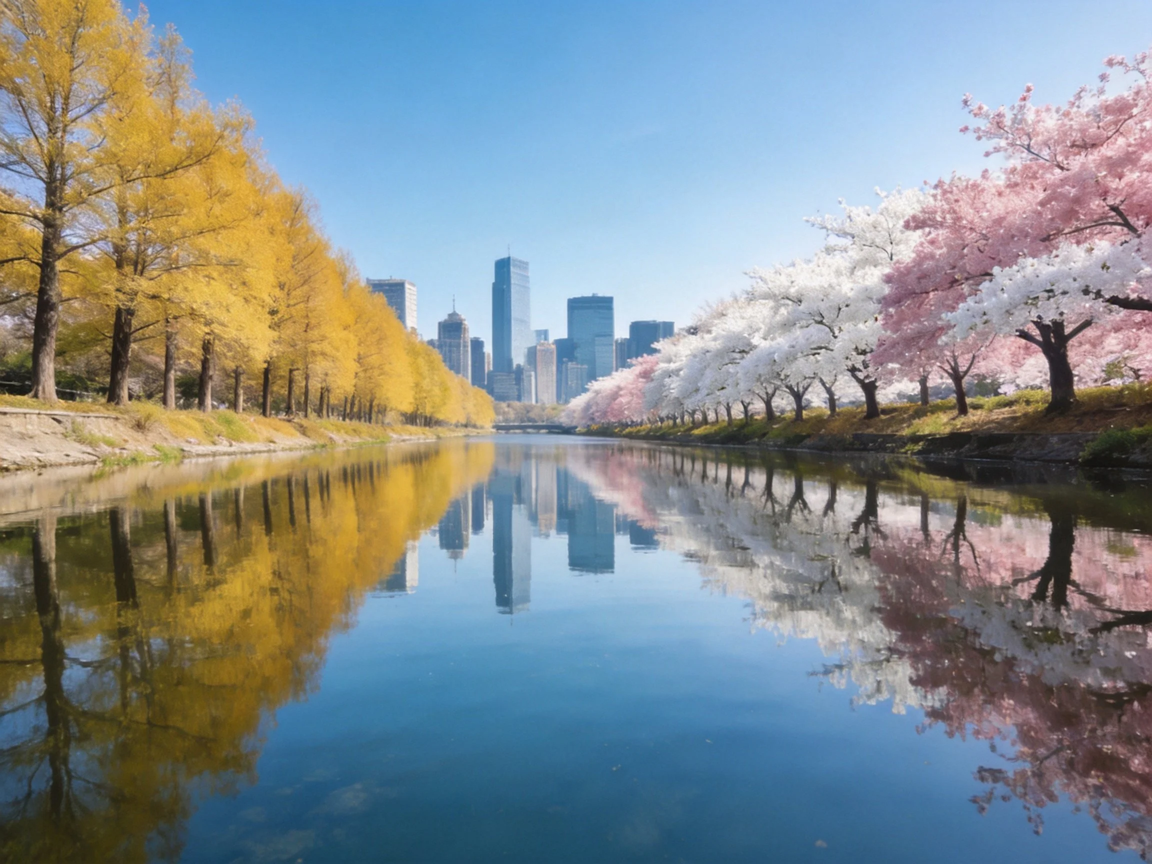 A river reflects skyscrapers between autumn and cherry blossom trees