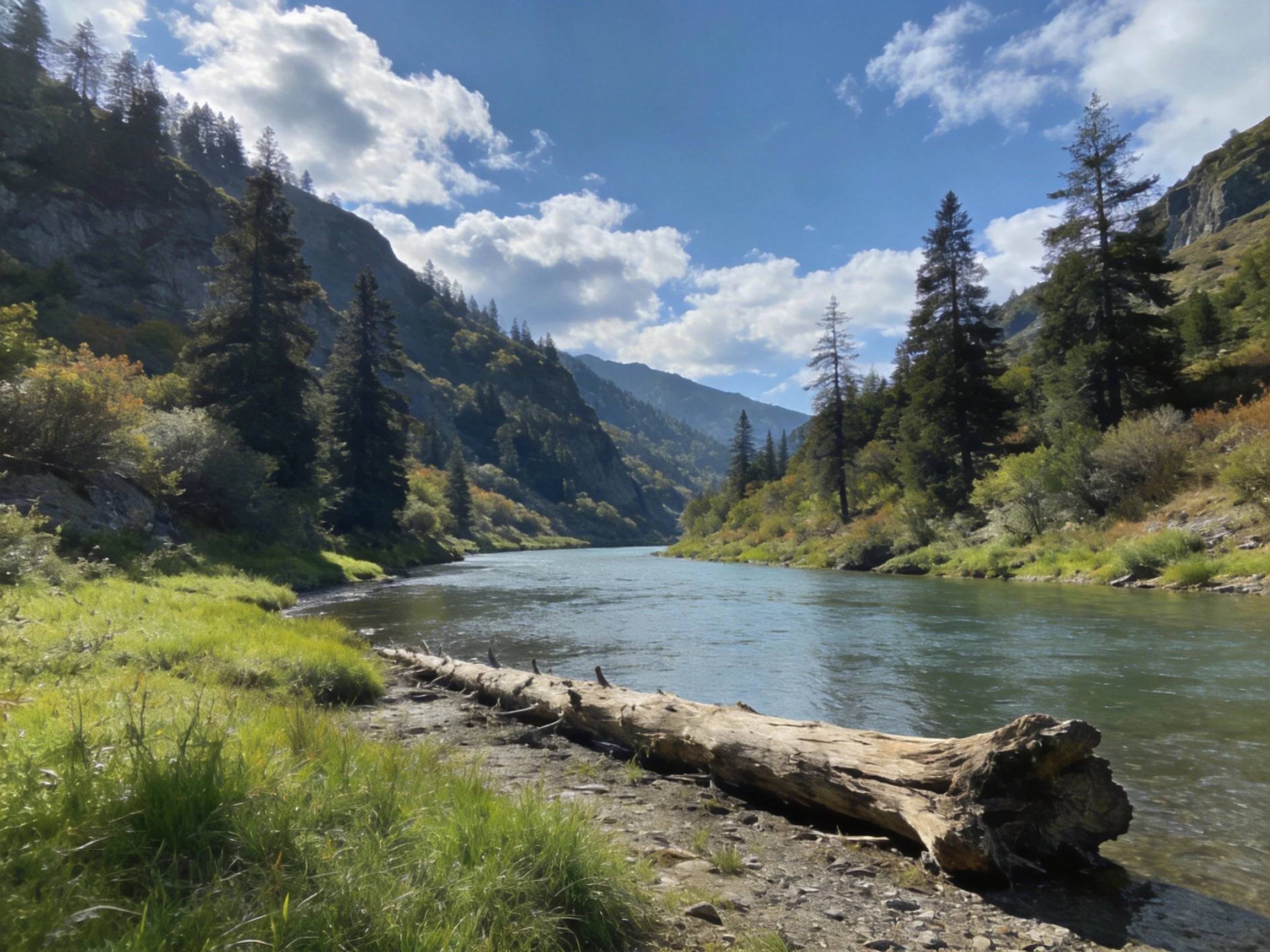 A river winds through forested mountain valleys beside a fallen log