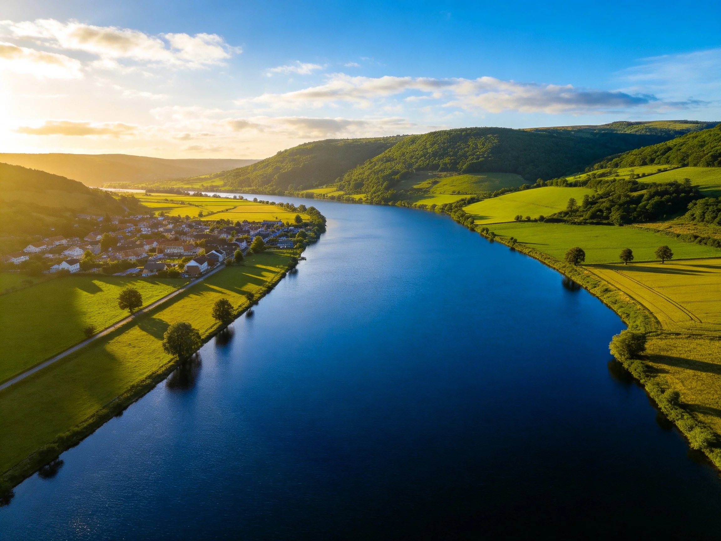 A river winds through lush green hills near a small town