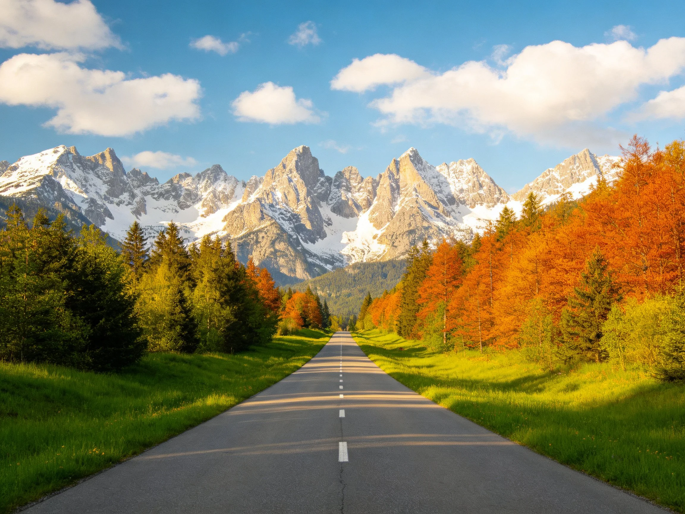 A road leads toward snow-capped mountains with vibrant fall foliage