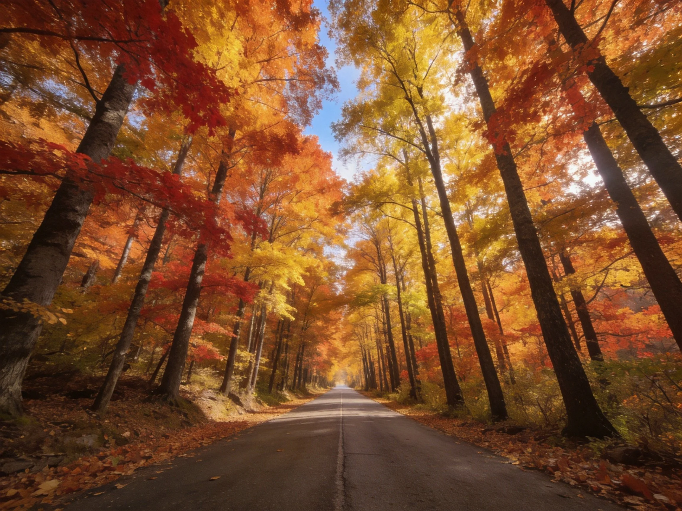 A road winds through a forest with vibrant fall foliage